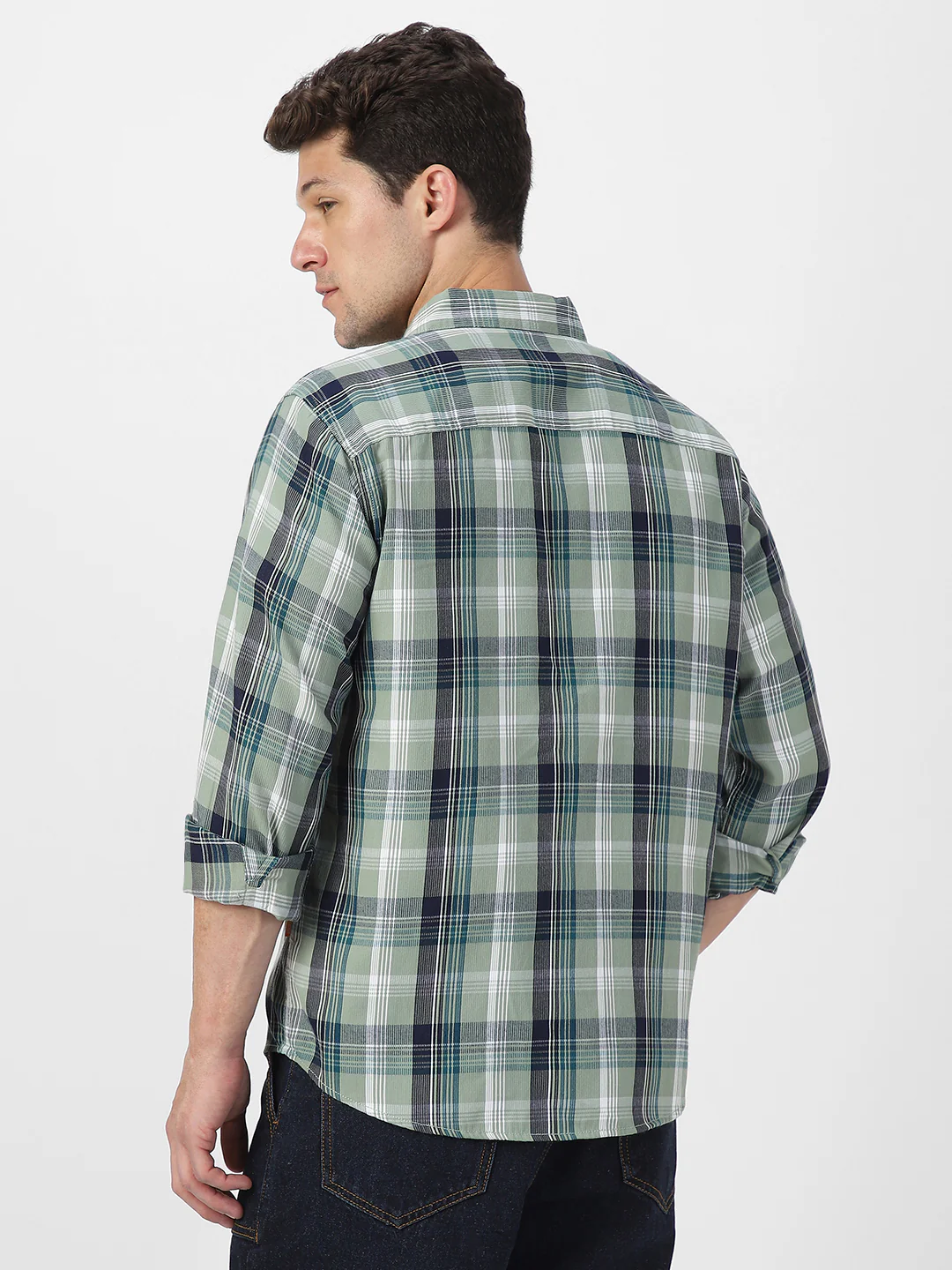 Men's Green Cotton Full Sleeve Regular Fit Casual Checkered Shirt - Image 3