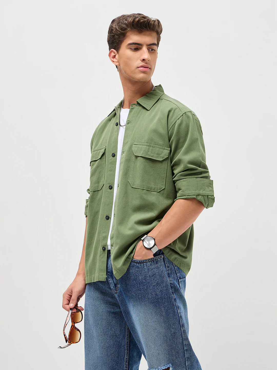 Men's Green Cotton Full Sleeve Relaxed Fit Shacket with Utility Pockets - Image 2