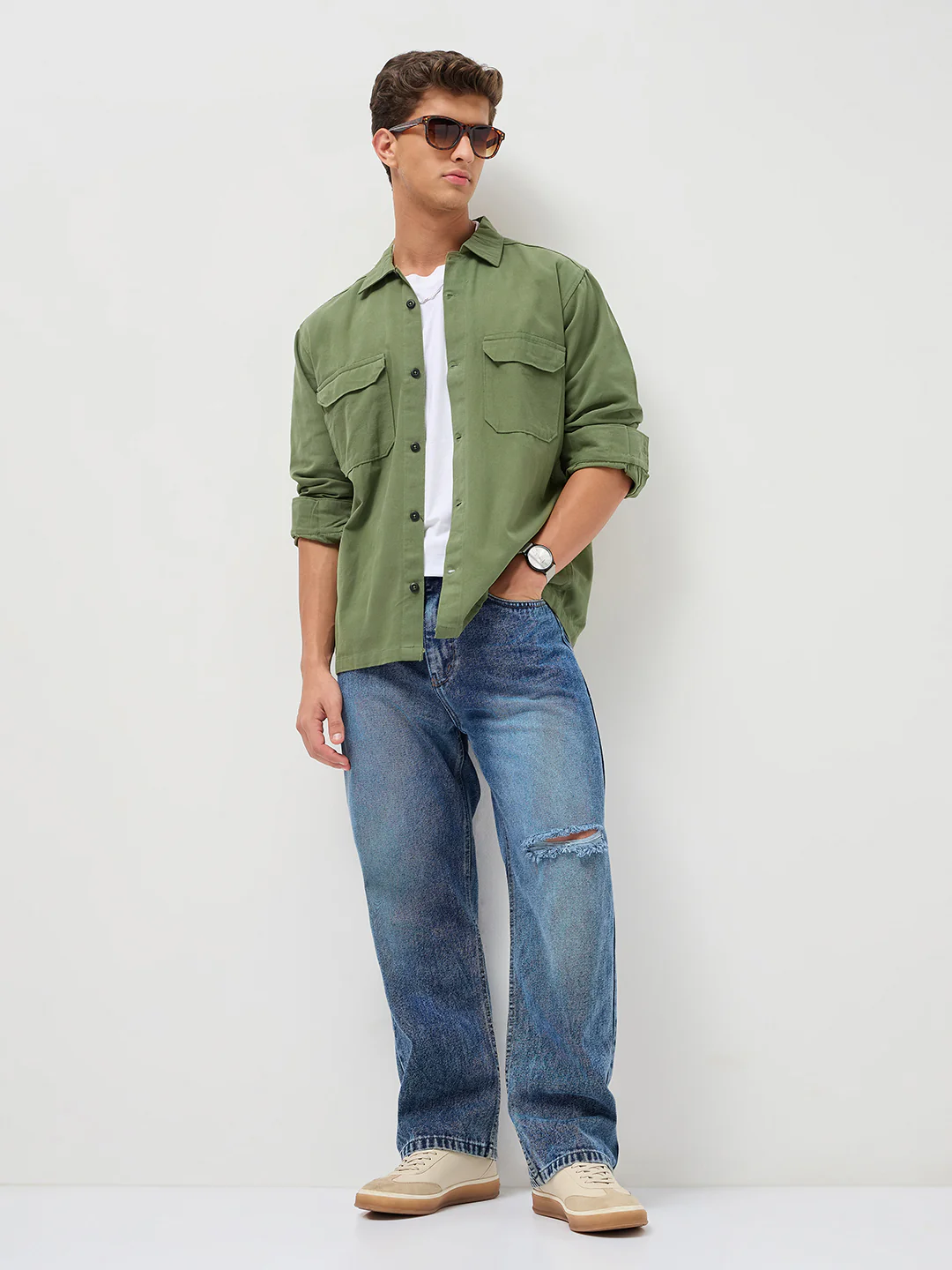 Men's Green Cotton Full Sleeve Relaxed Fit Shacket with Utility Pockets - Image 4