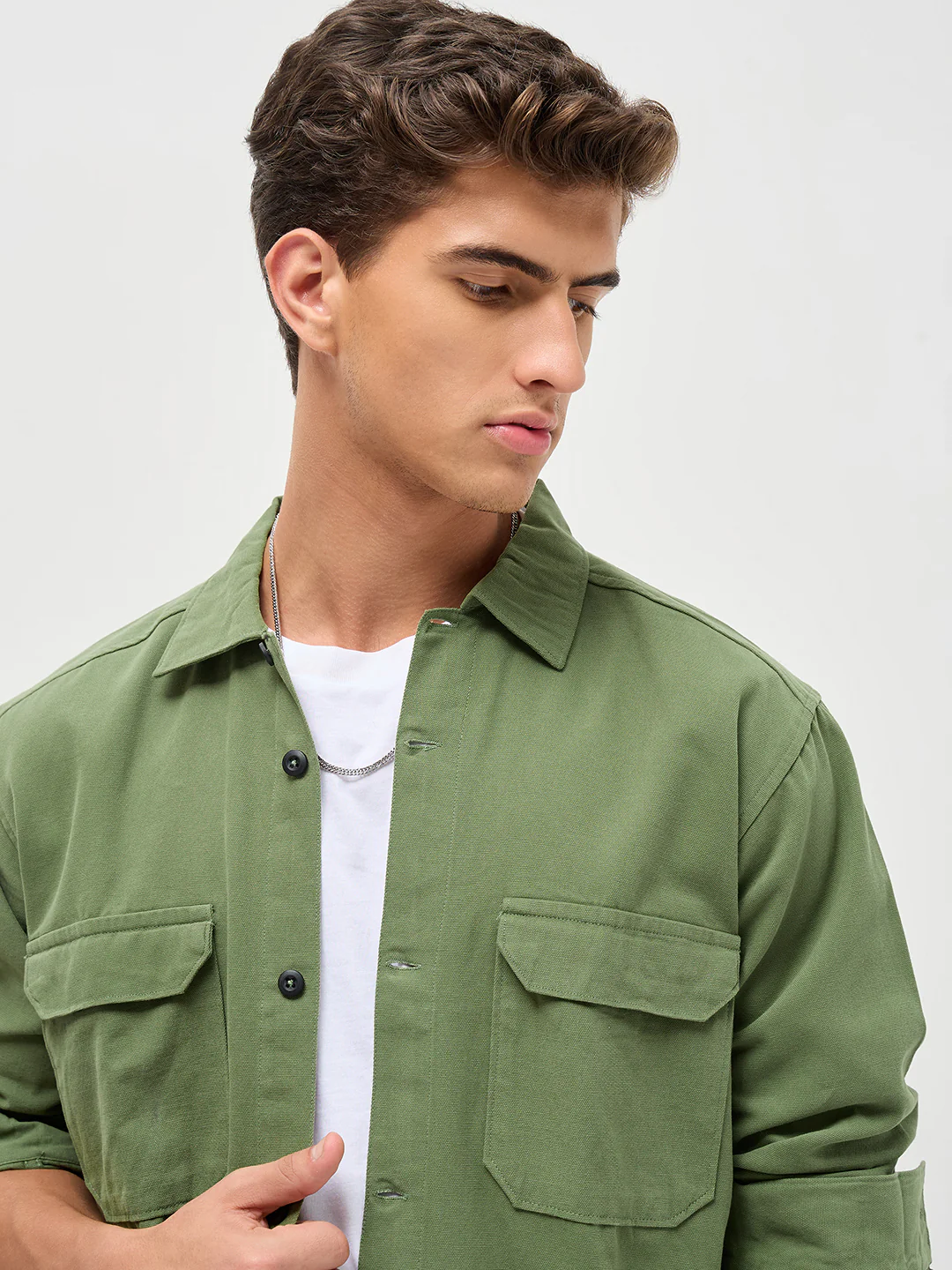 Men's Green Cotton Full Sleeve Relaxed Fit Shacket with Utility Pockets - Image 5