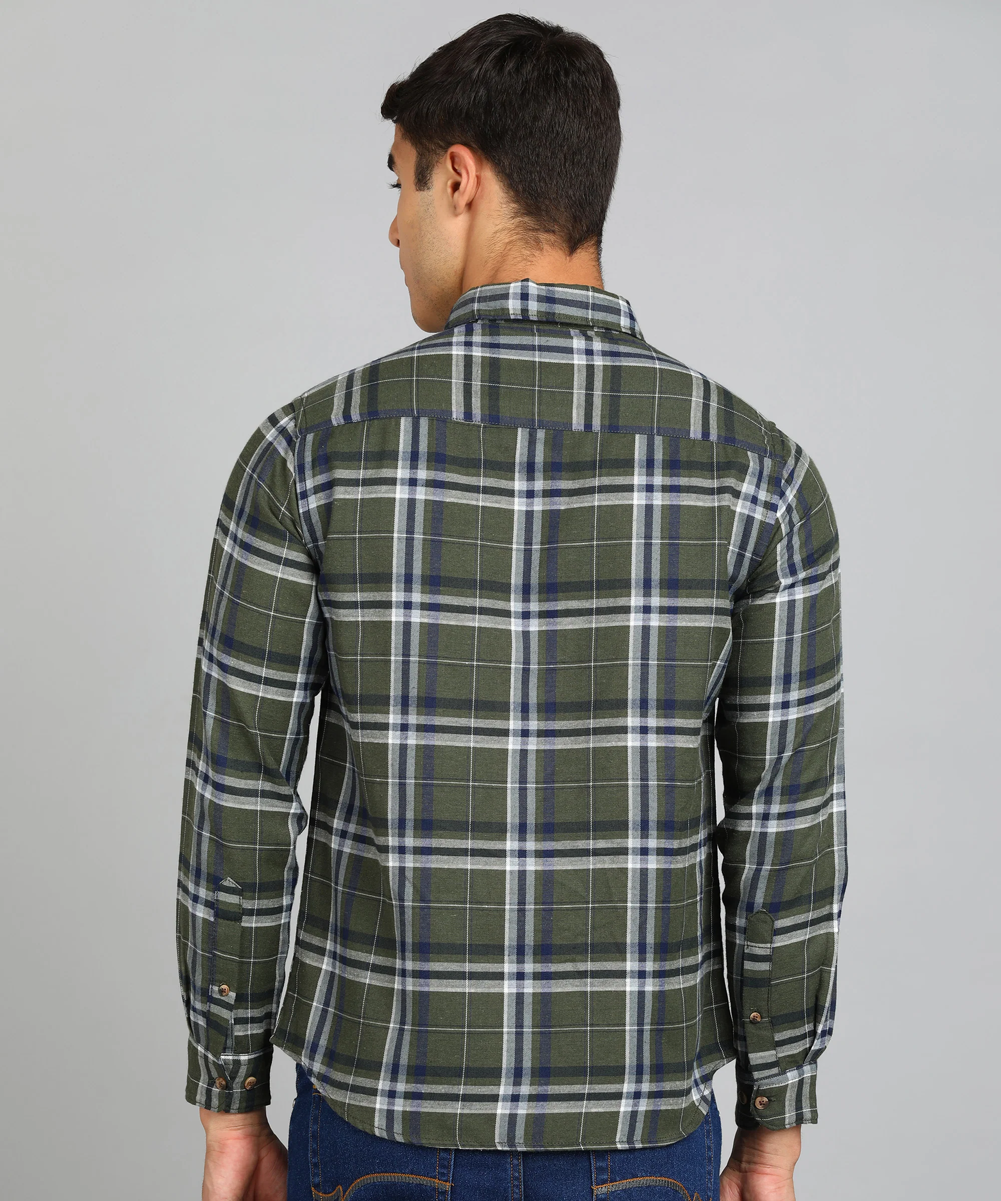 Men's Green Cotton Full Sleeve Slim Fit Casual Checkered Shirt - Image 3