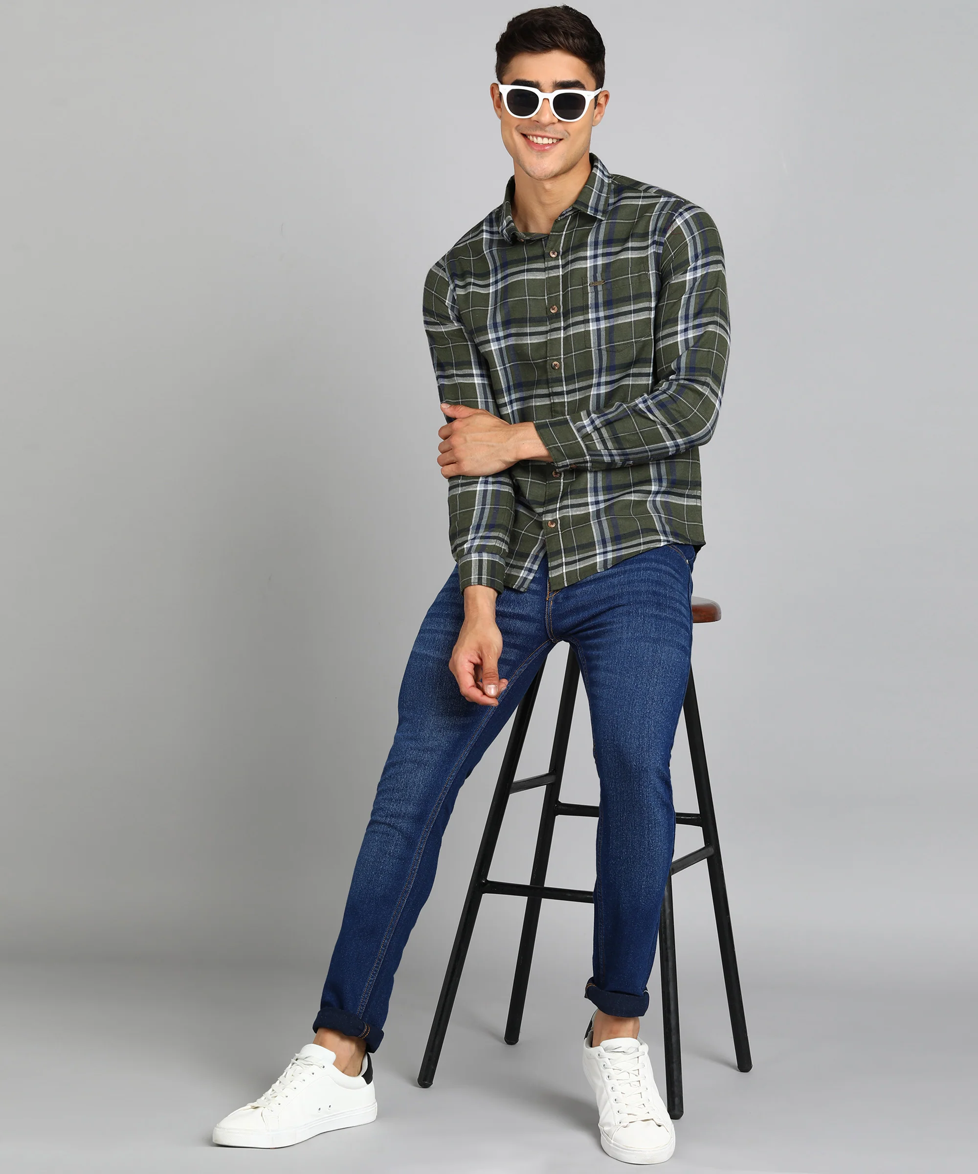 Men's Green Cotton Full Sleeve Slim Fit Casual Checkered Shirt - Image 4