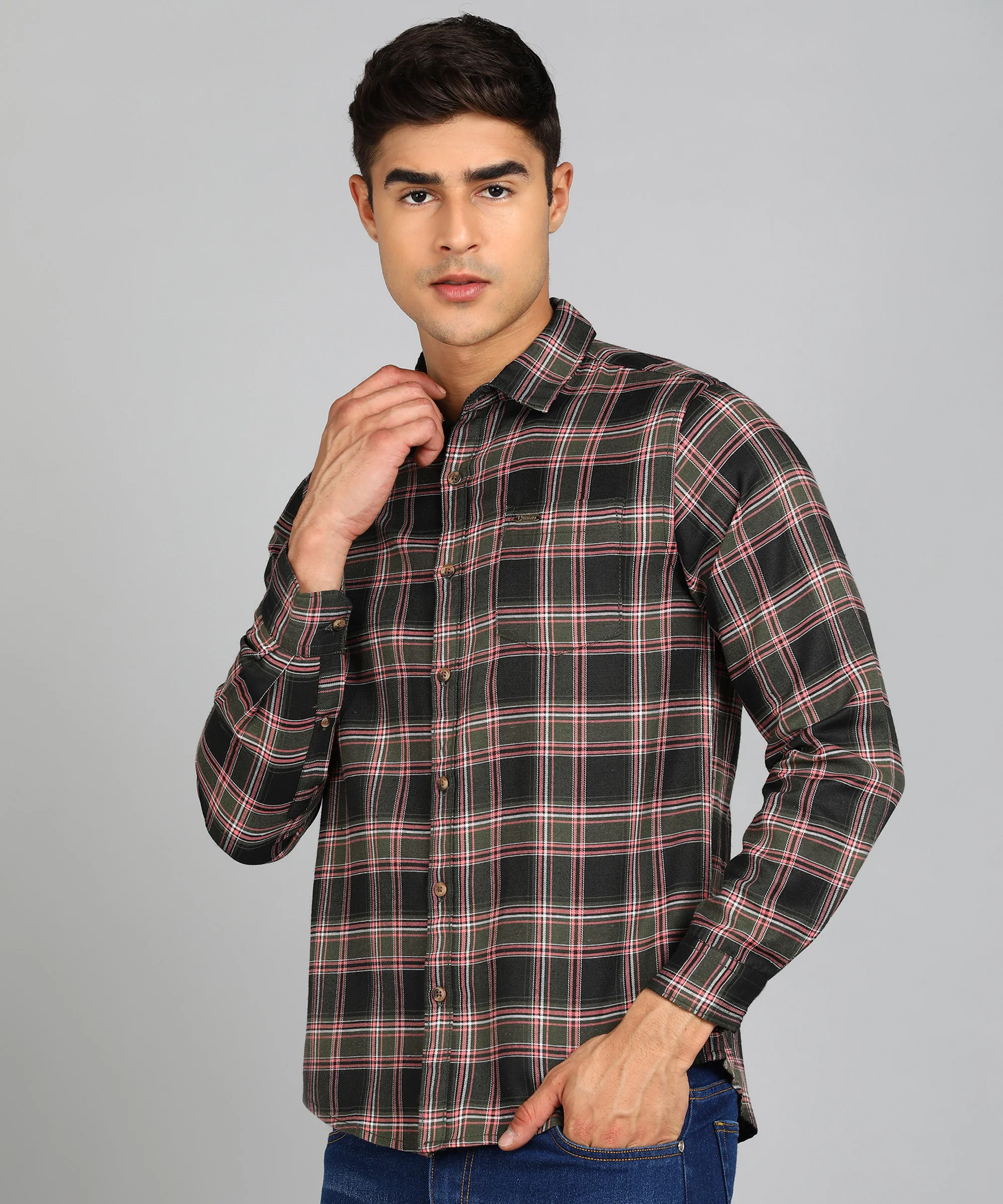 Men's Green Cotton Full Sleeve Slim Fit Casual Checkered Shirt - Image 2