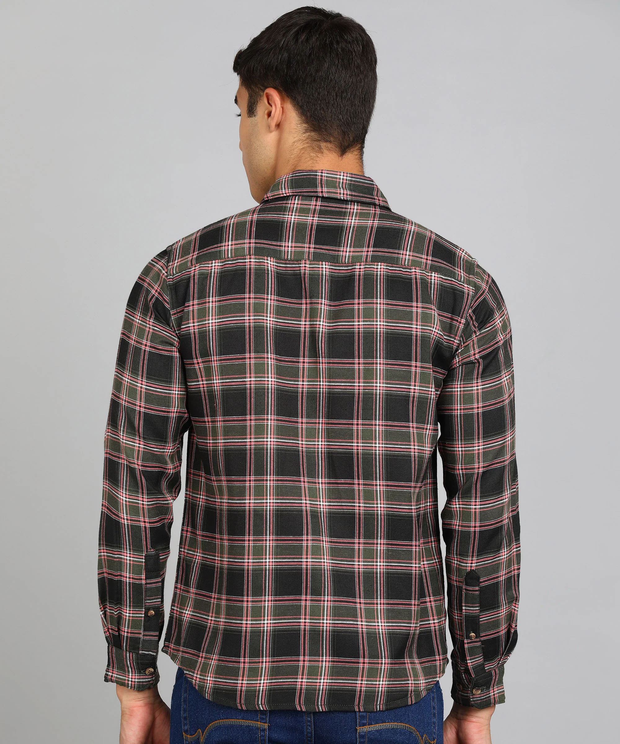 Men's Green Cotton Full Sleeve Slim Fit Casual Checkered Shirt - Image 3