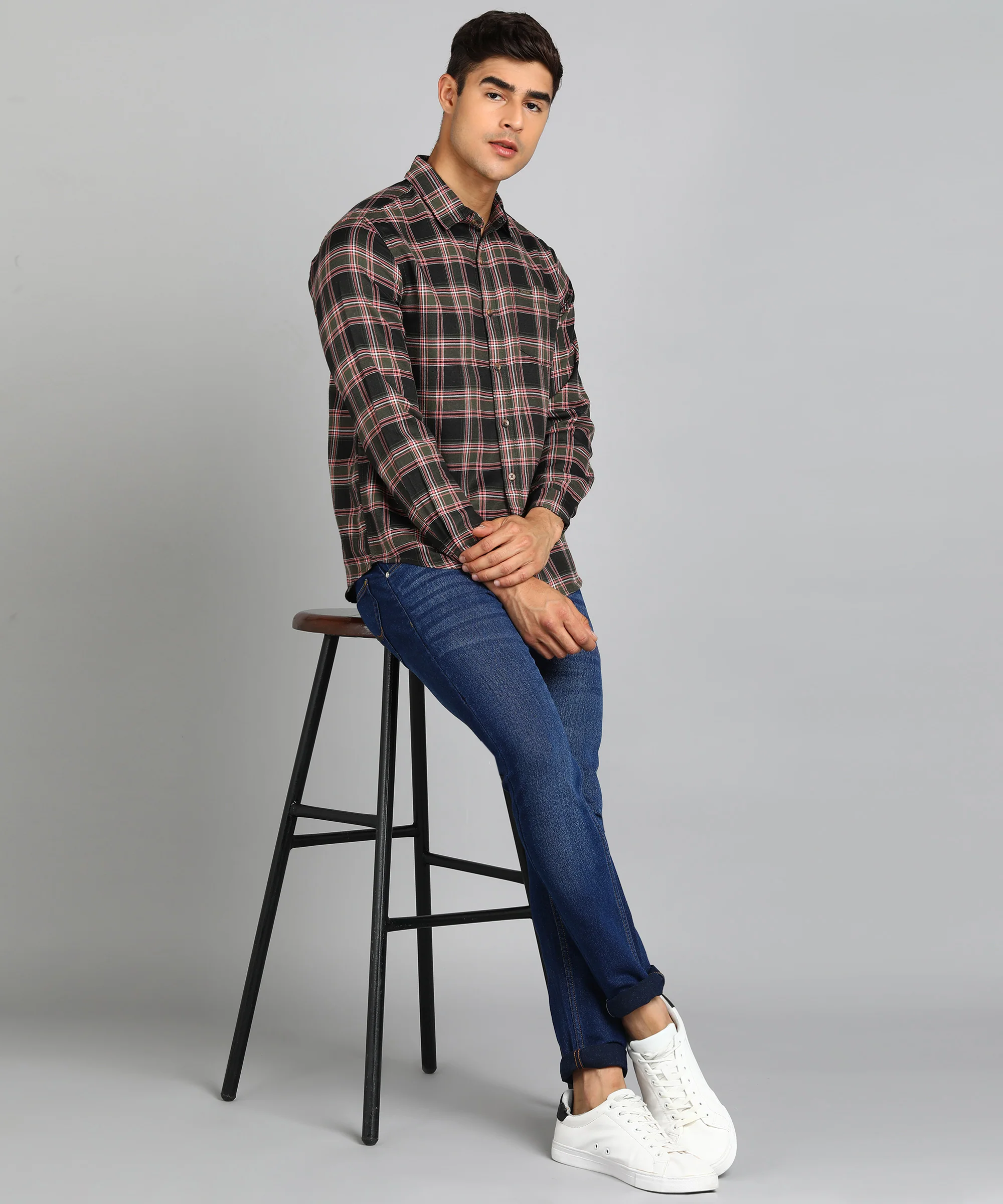 Men's Green Cotton Full Sleeve Slim Fit Casual Checkered Shirt - Image 4