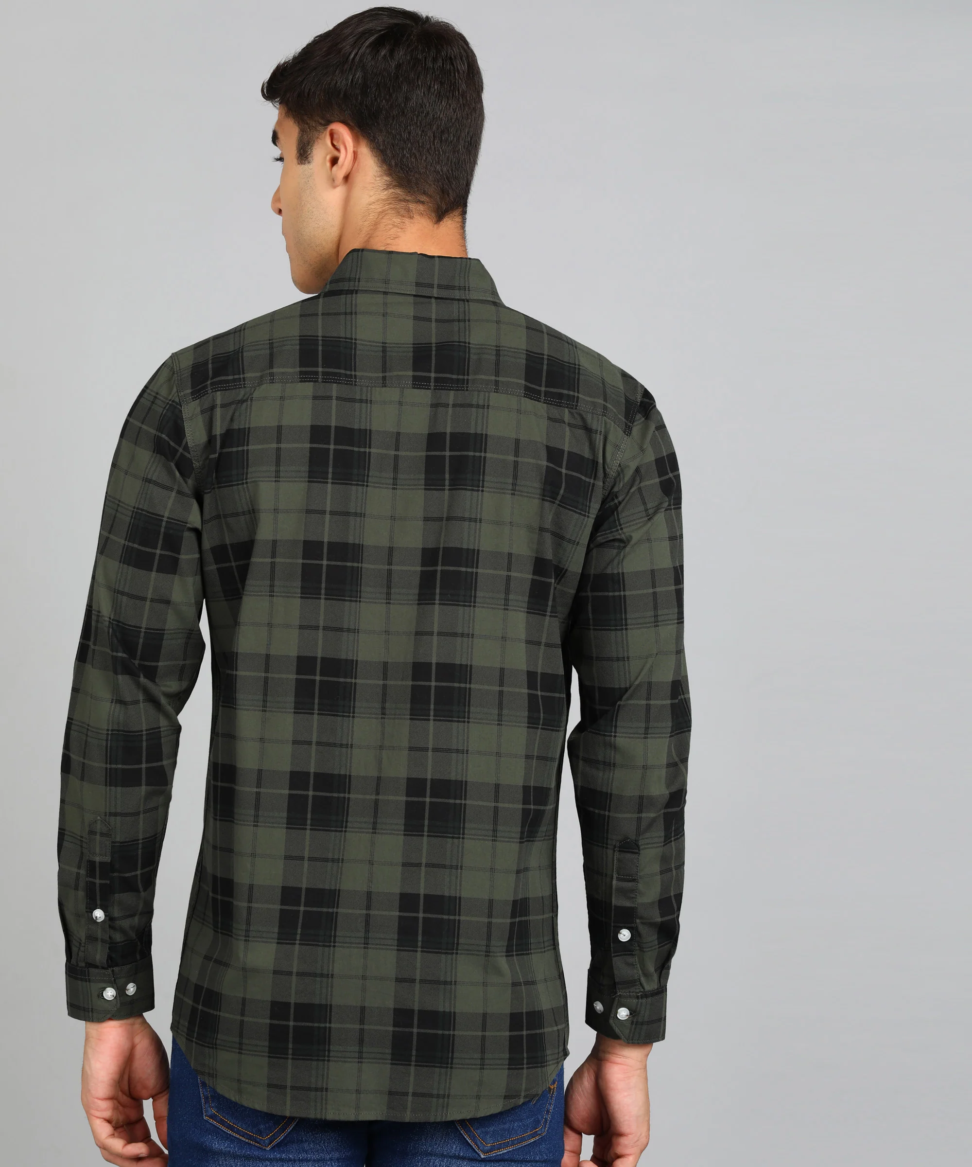 Men's Green Cotton Full Sleeve Slim Fit Casual Checkered Shirt - Image 3
