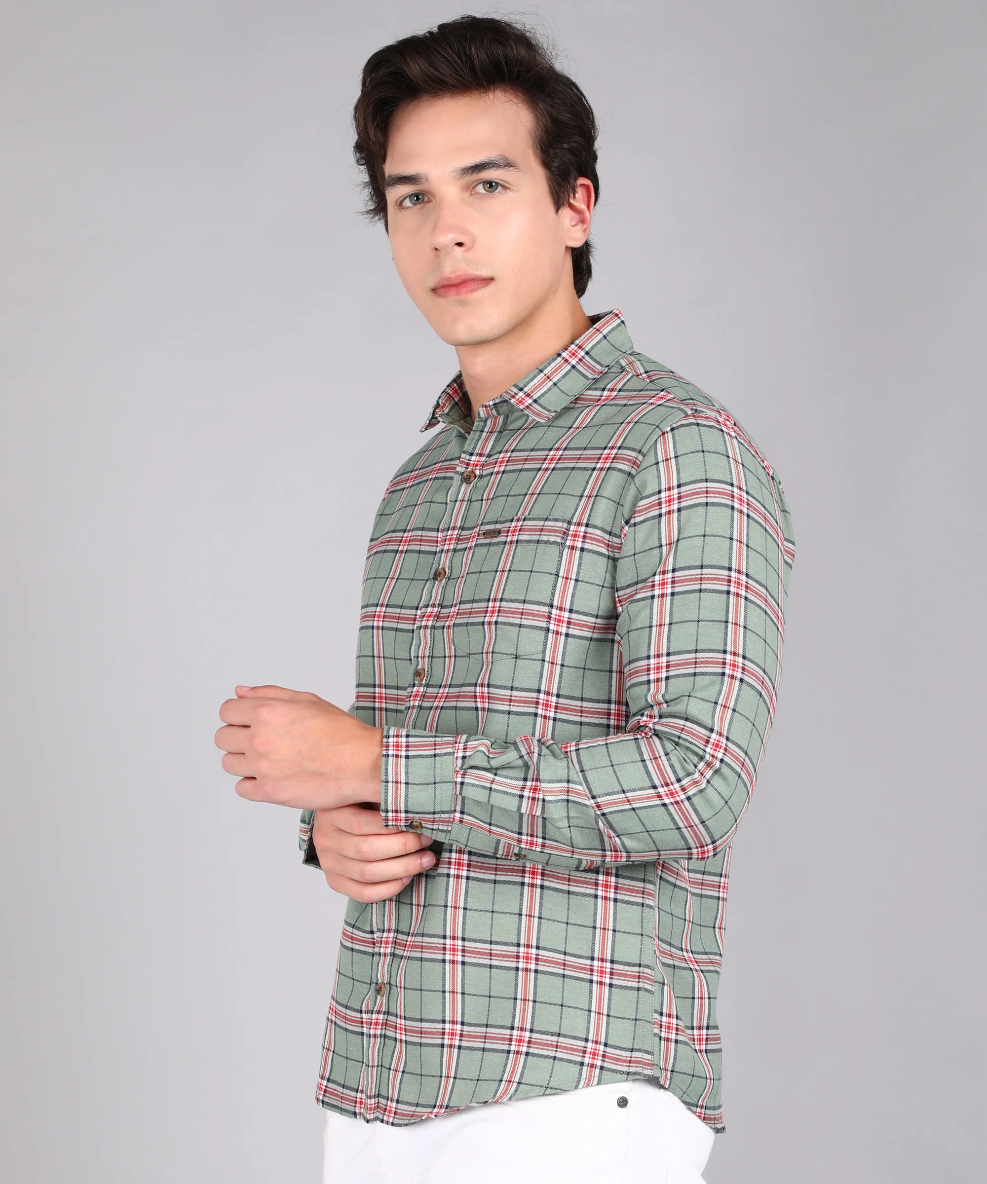 Men's Green Cotton Full Sleeve Slim Fit Casual Checkered Shirt - Image 2