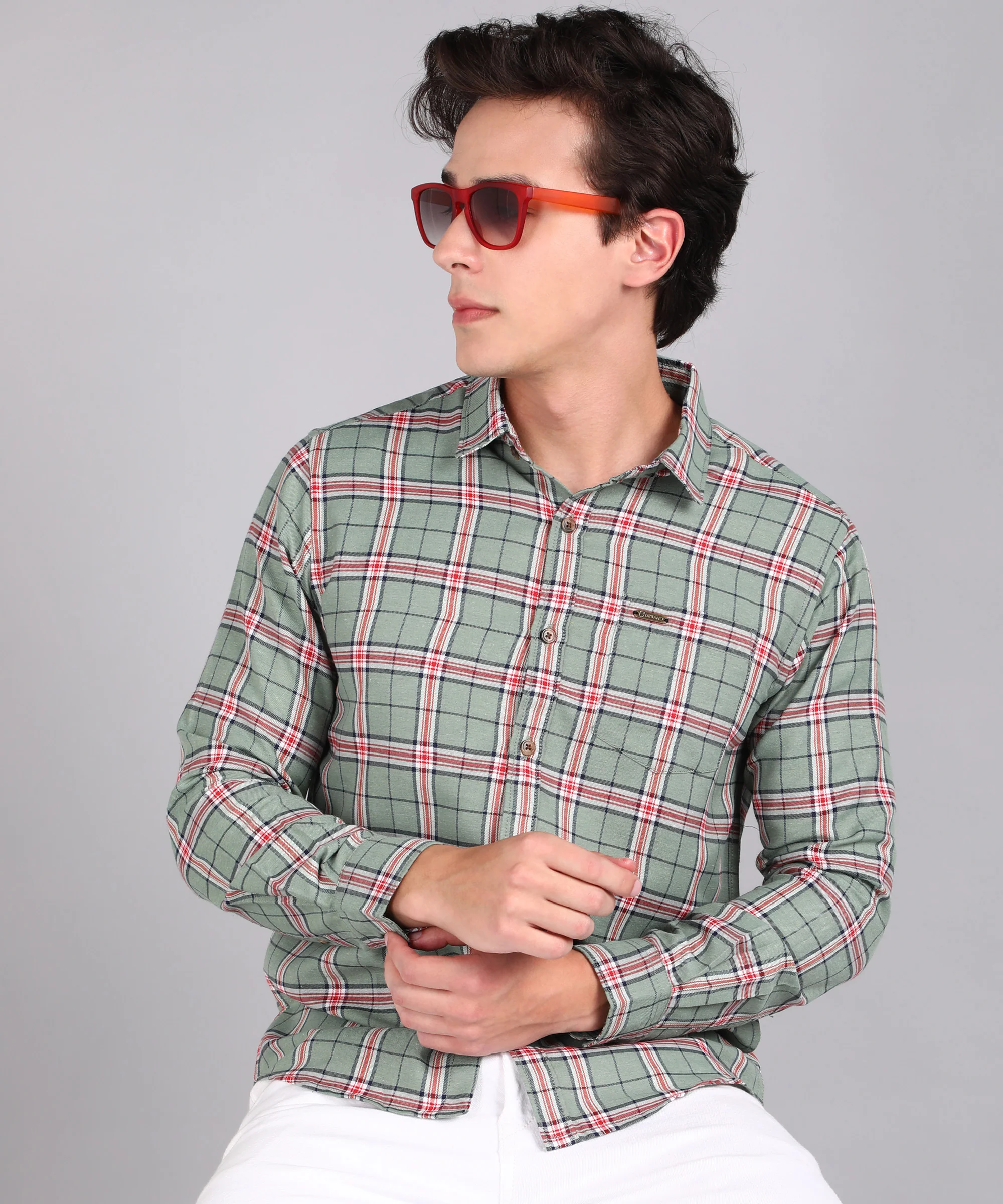 Men's Green Cotton Full Sleeve Slim Fit Casual Checkered Shirt - Image 3