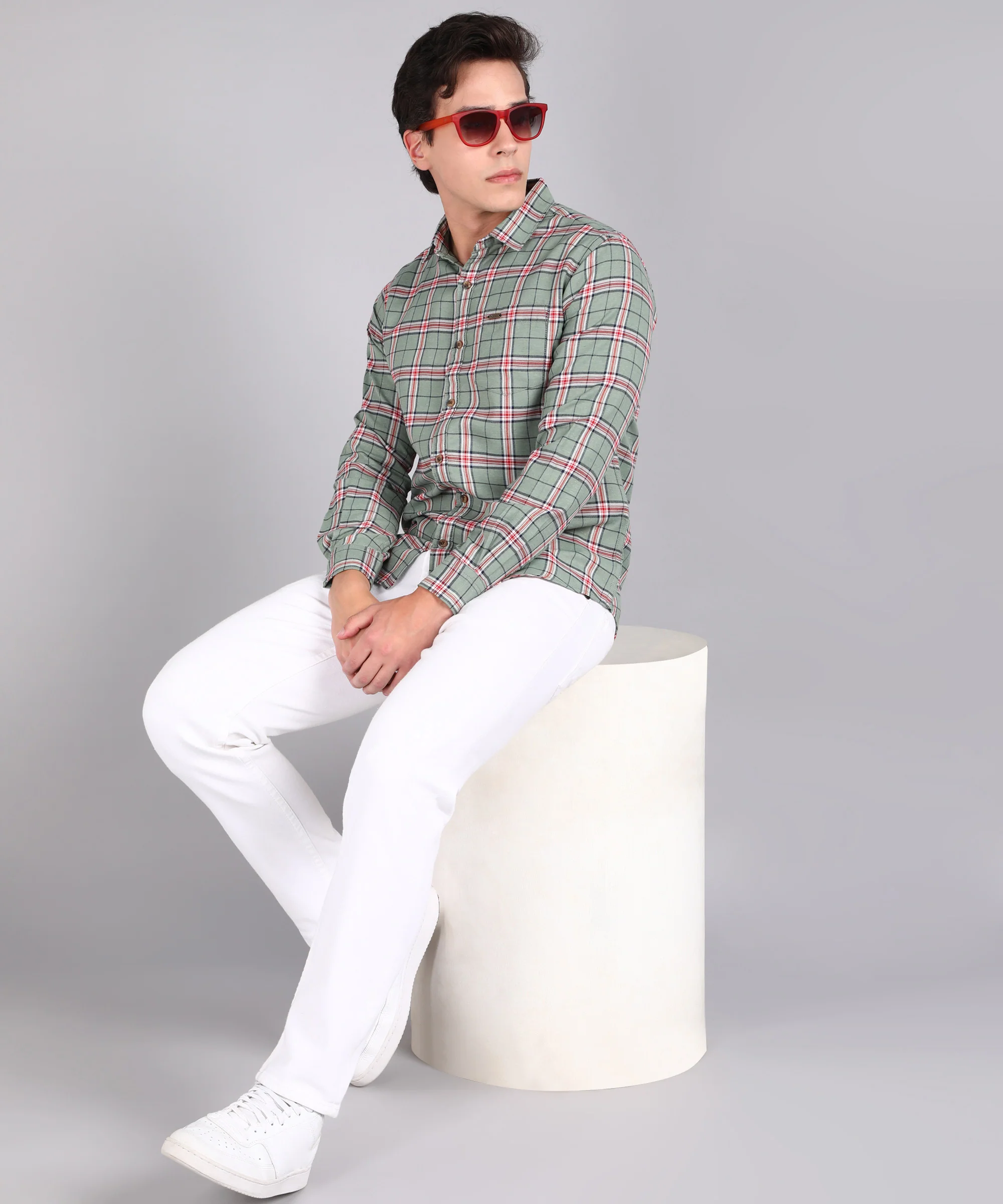 Men's Green Cotton Full Sleeve Slim Fit Casual Checkered Shirt - Image 4