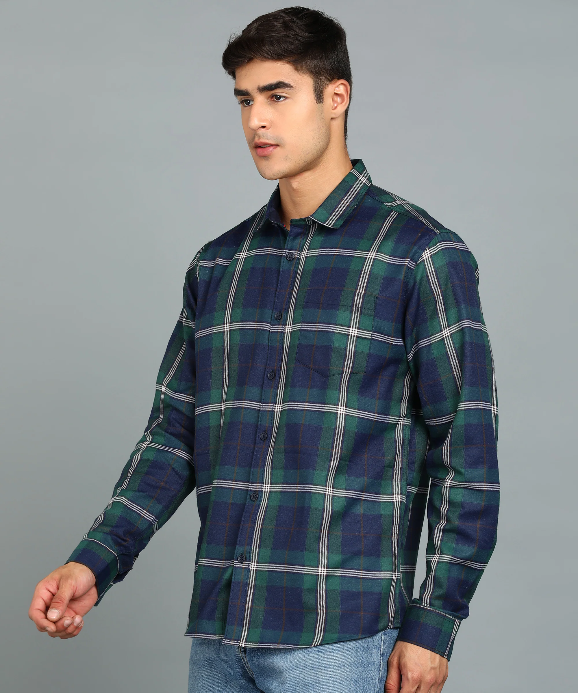 Men's Green Cotton Full Sleeve Slim Fit Casual Checkered Shirt - Image 2