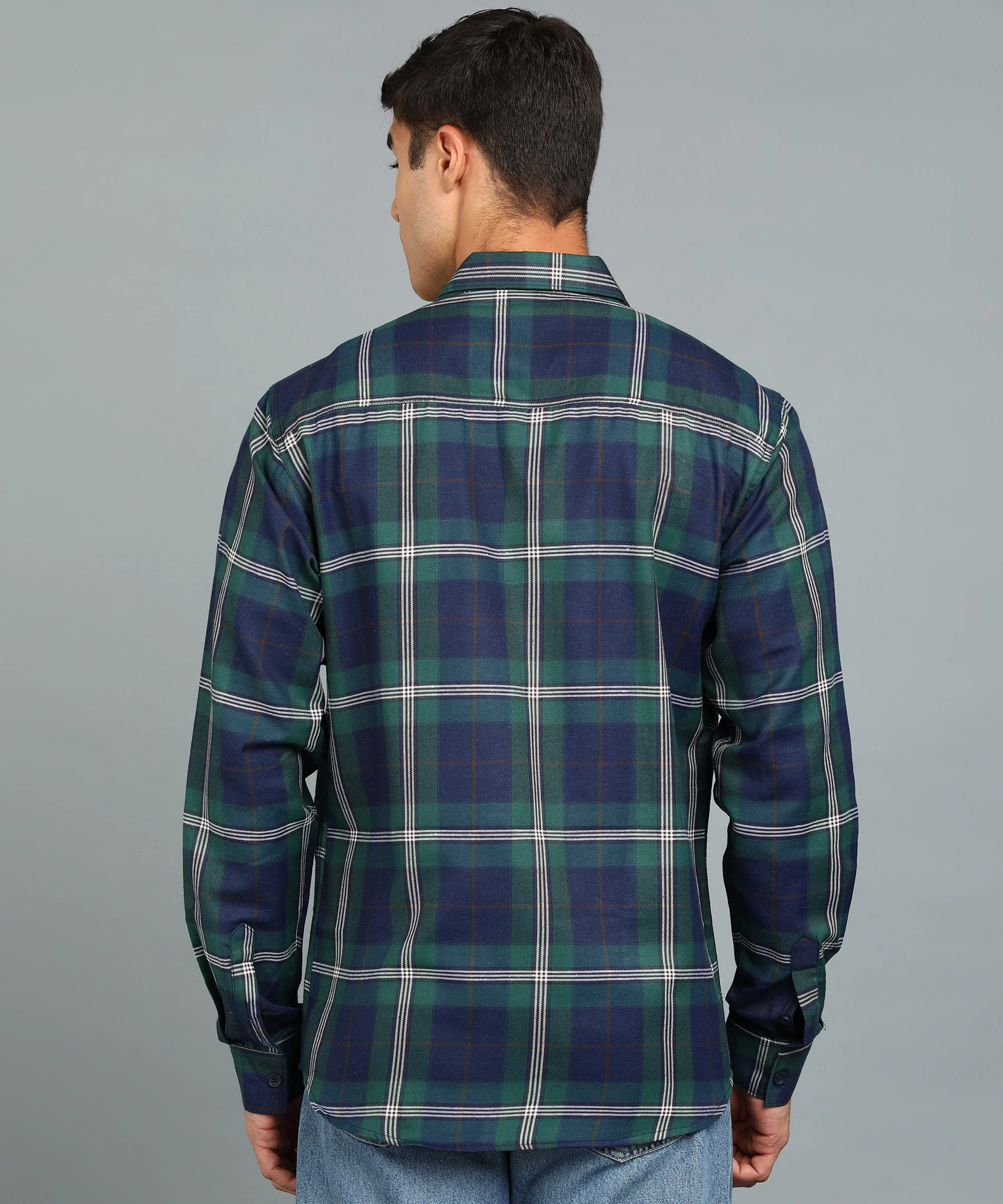 Men's Green Cotton Full Sleeve Slim Fit Casual Checkered Shirt - Image 3