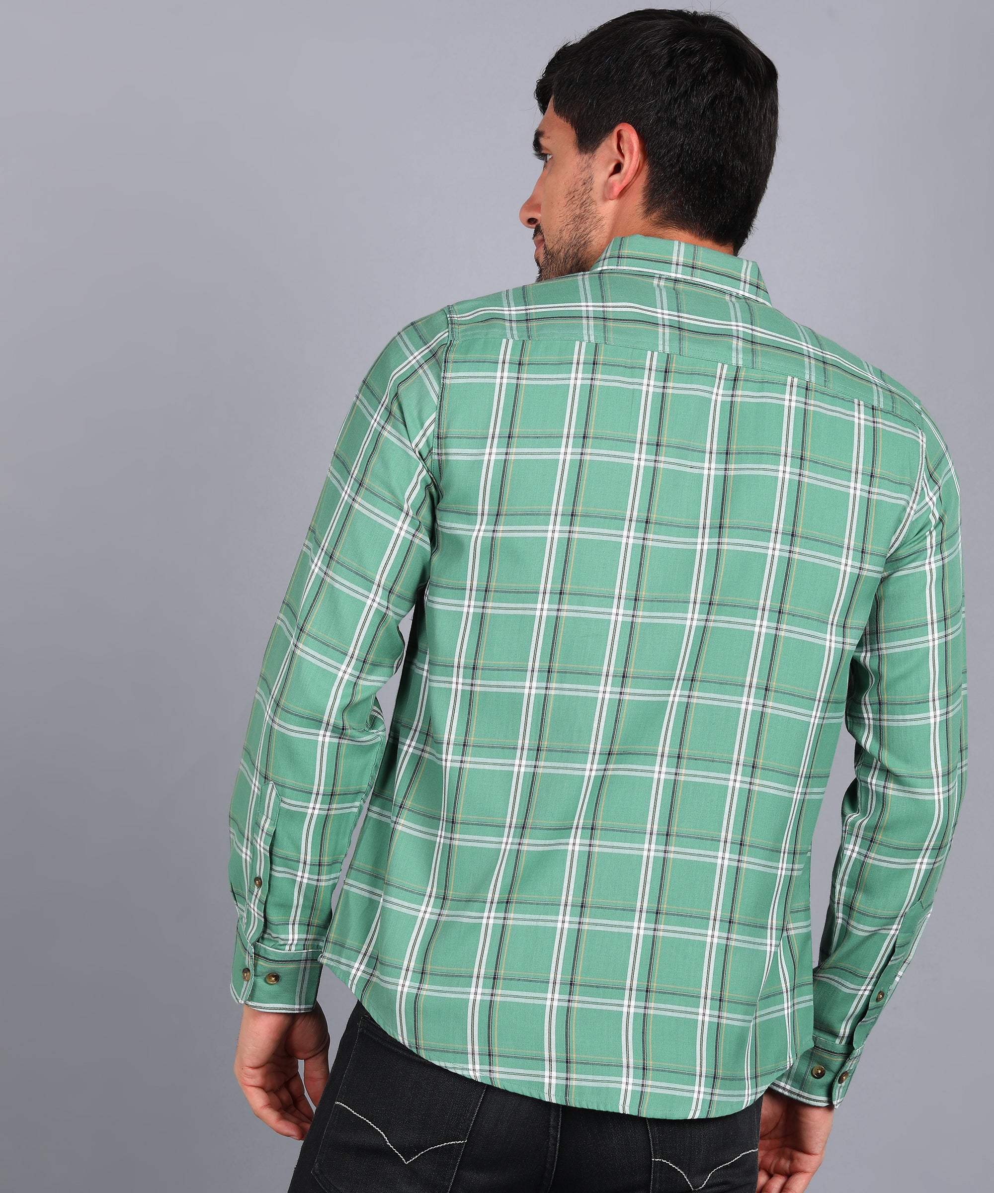 Men's Green Cotton Full Sleeve Slim Fit Casual Checkered Shirt - Image 3