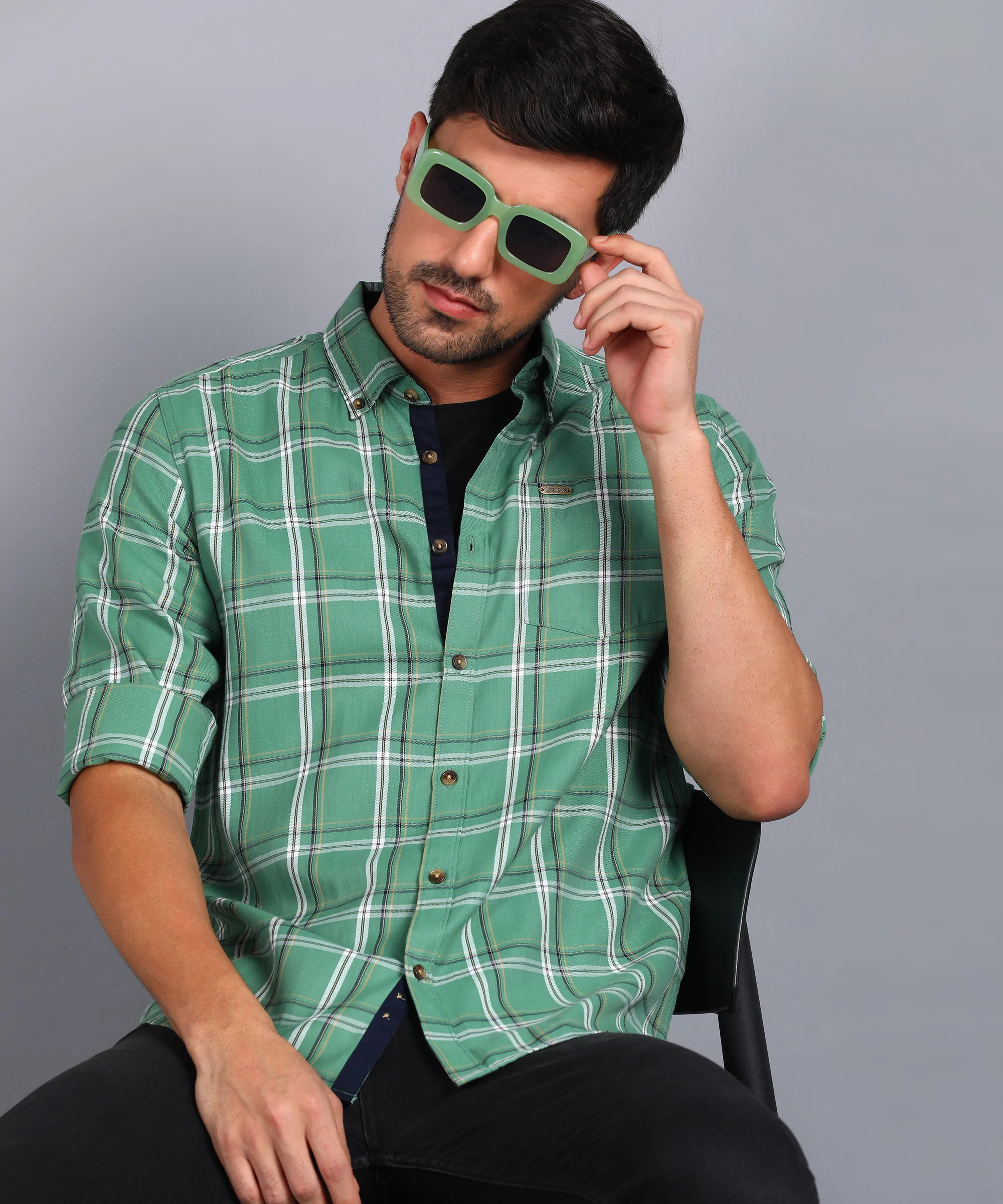 Men's Green Cotton Full Sleeve Slim Fit Casual Checkered Shirt - Image 4