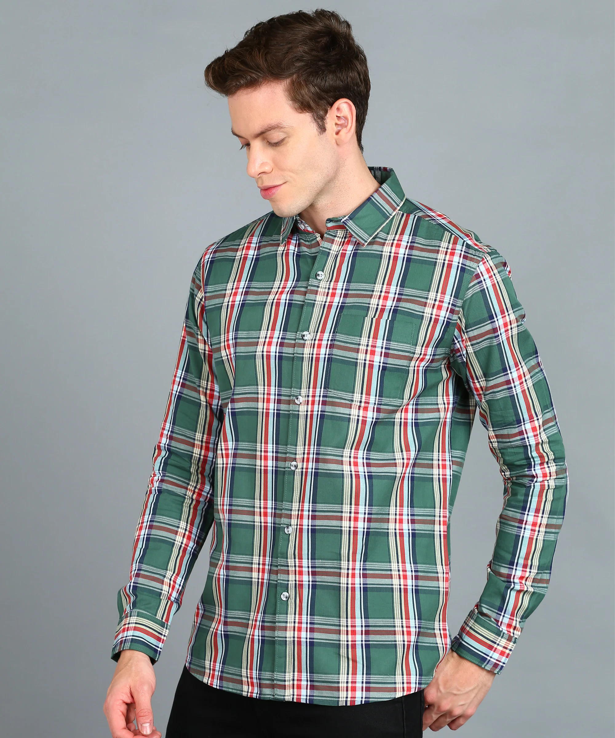 Men's Green Cotton Full Sleeve Slim Fit Casual Checkered Shirt - Image 2