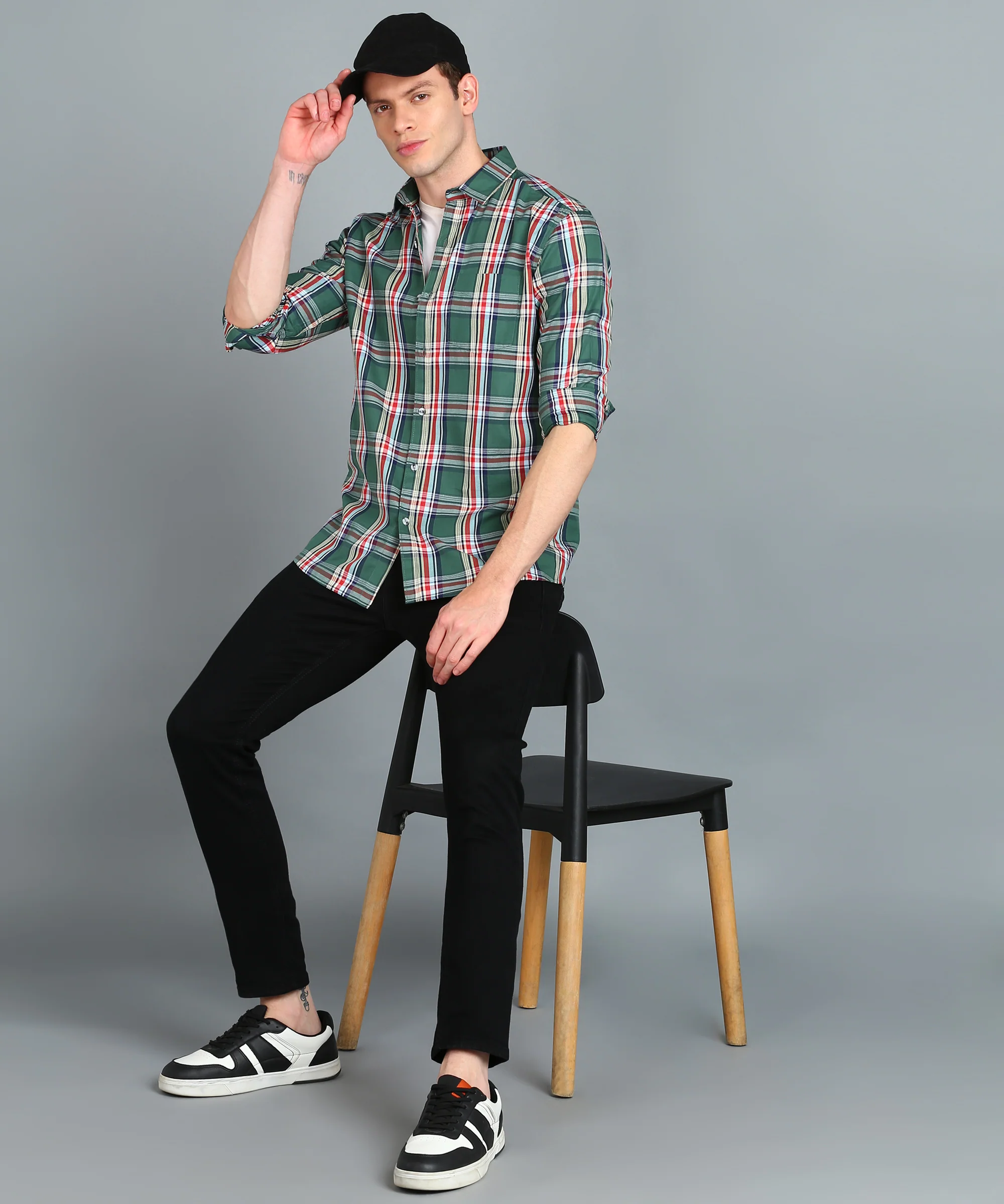 Men's Green Cotton Full Sleeve Slim Fit Casual Checkered Shirt - Image 4