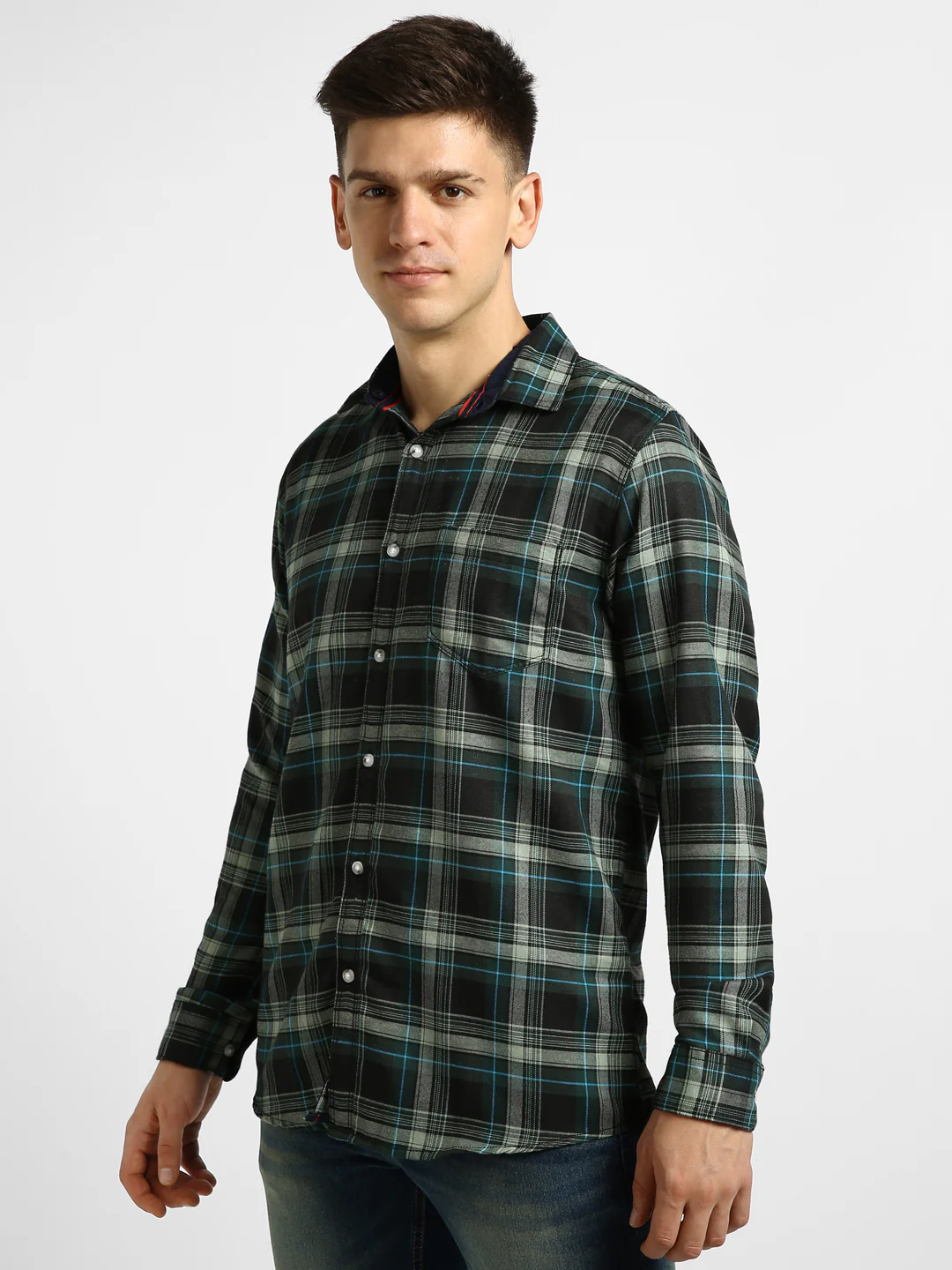 Men's Green Cotton Full Sleeve Slim Fit Casual Checkered Shirt with Hooded Collar - Image 2