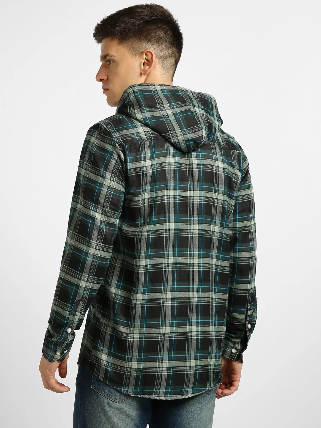Men's Green Cotton Full Sleeve Slim Fit Casual Checkered Shirtwith Hooded Collar - Image 3