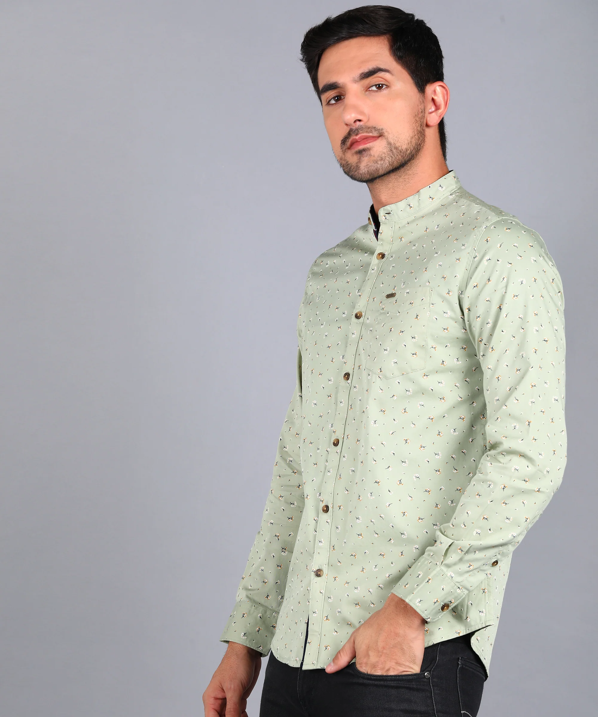 Men's Green Cotton Full Sleeve Slim Fit Casual Printed Shirt - Image 3
