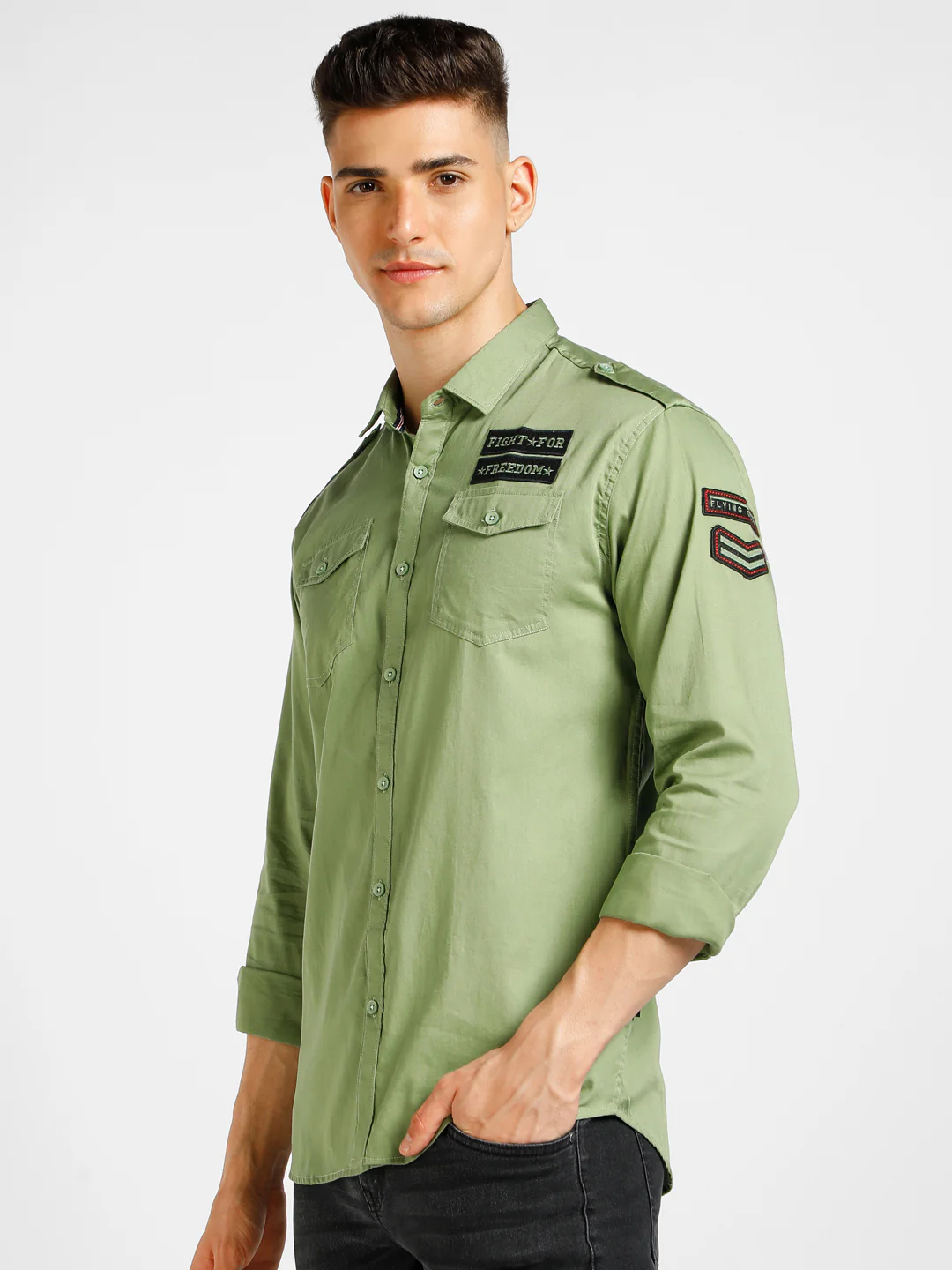 Men's Green Cotton Full Sleeve Slim Fit Casual Solid Shirt - Image 2