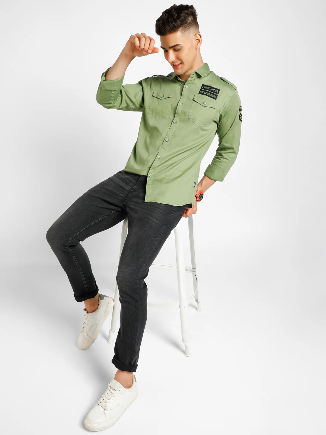 Men's Green Cotton Full Sleeve Slim Fit Casual Solid Shirt - Image 4