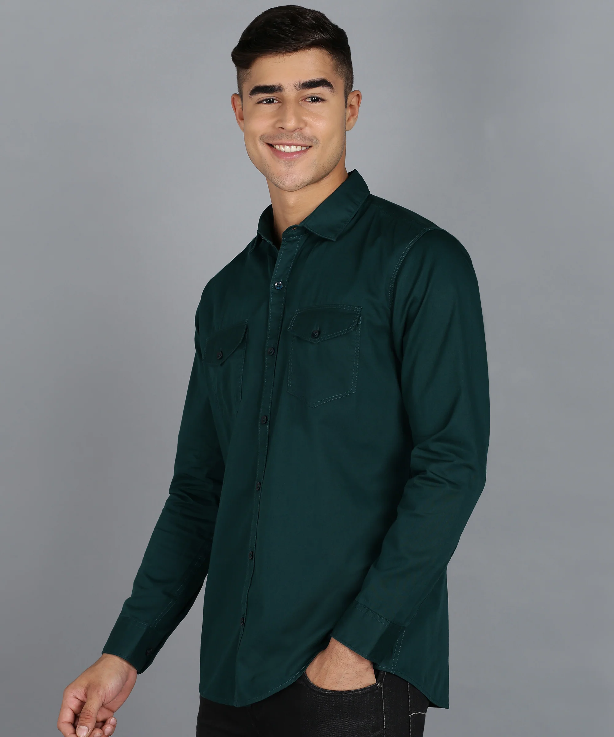 Men's Green Cotton Full Sleeve Slim Fit Casual Solid Shirt - Image 2