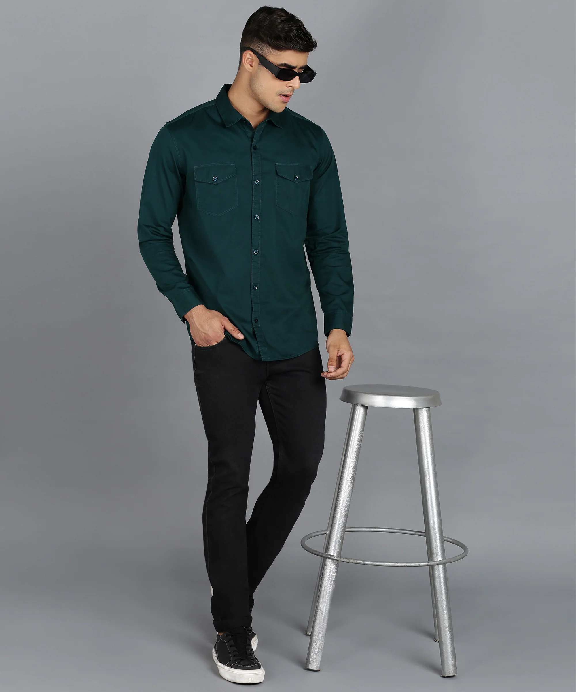 Men's Green Cotton Full Sleeve Slim Fit Casual Solid Shirt - Image 4