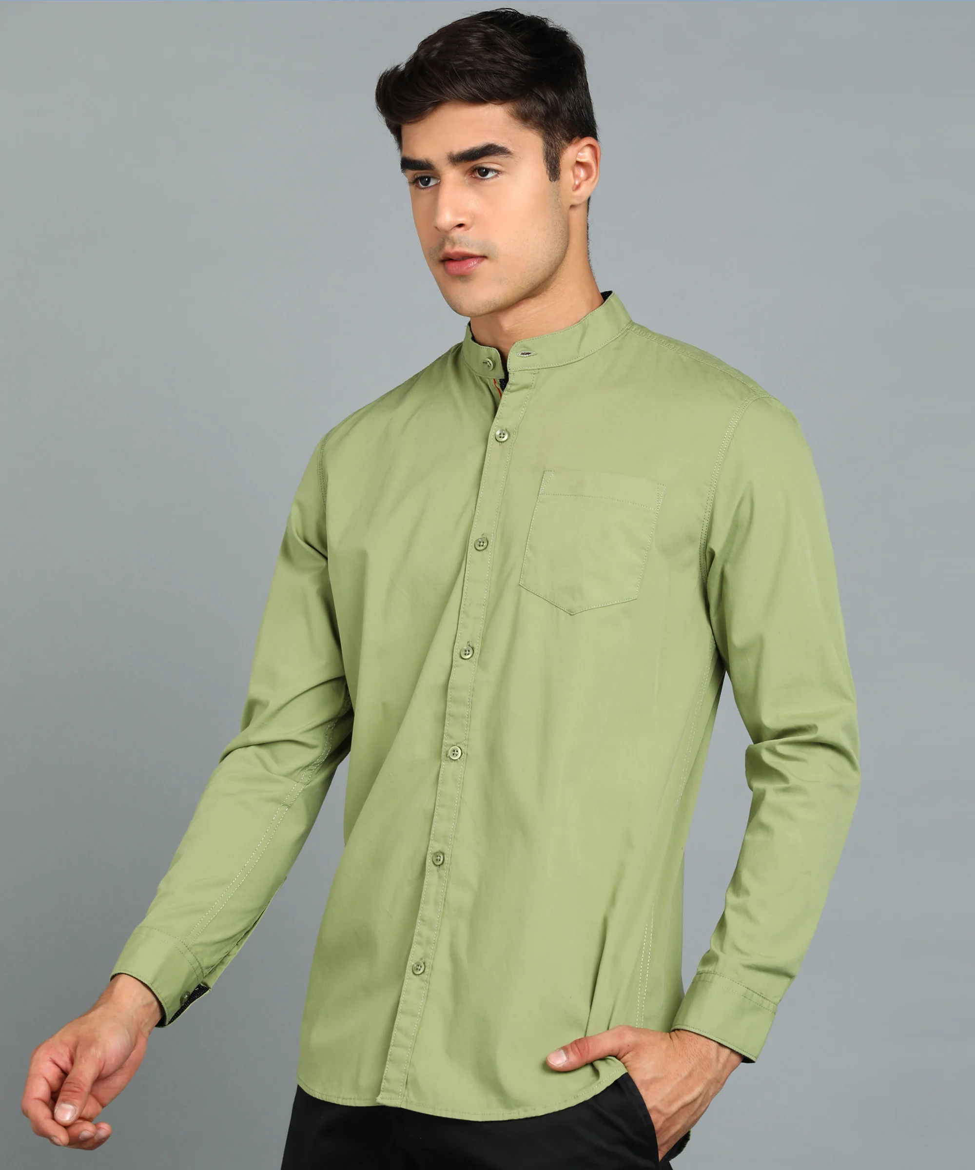 Men's Green Cotton Full Sleeve Slim Fit Solid Shirt with Mandarin Collar - Image 2