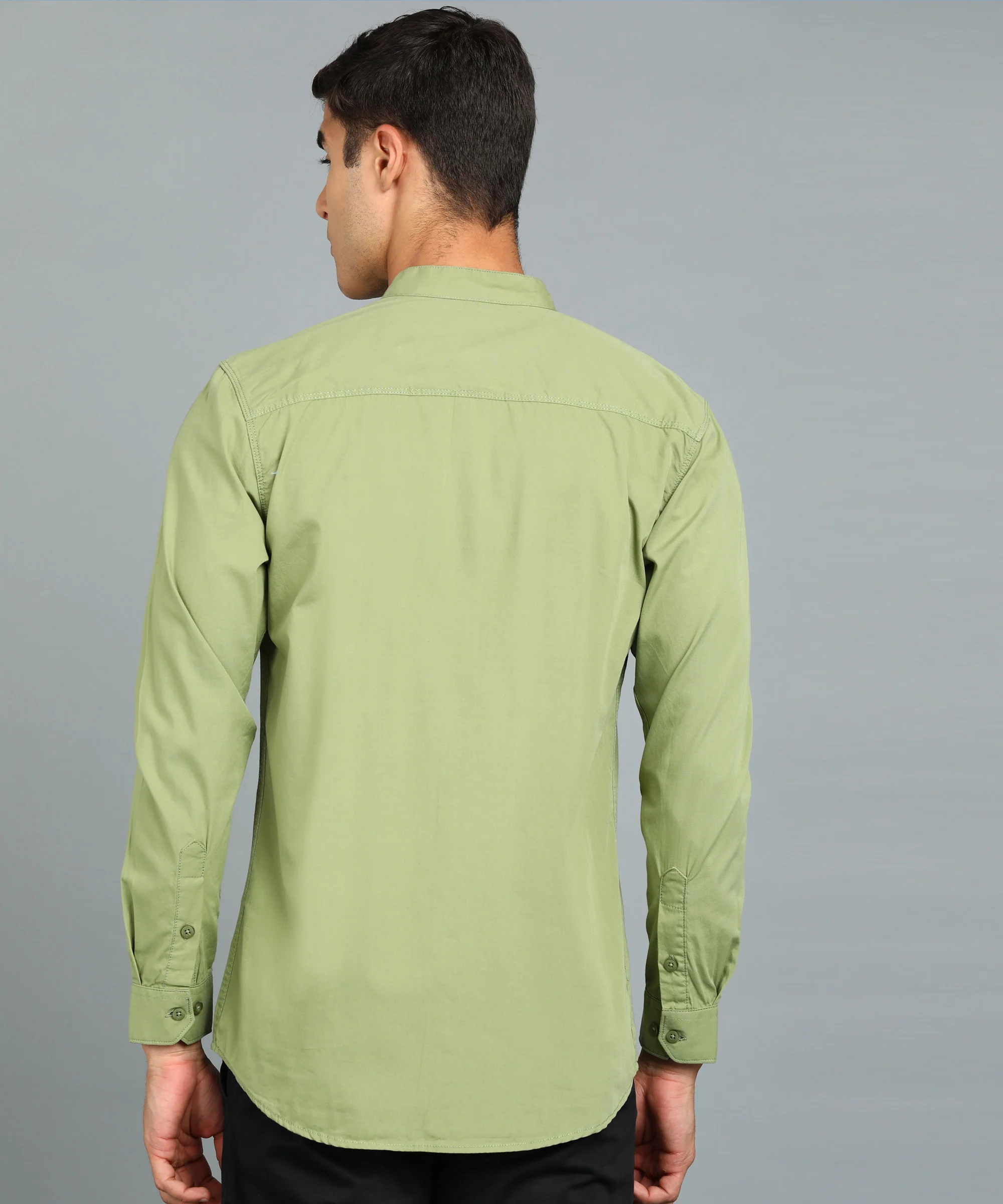 Men's Green Cotton Full Sleeve Slim Fit Solid Shirt with Mandarin Collar - Image 3