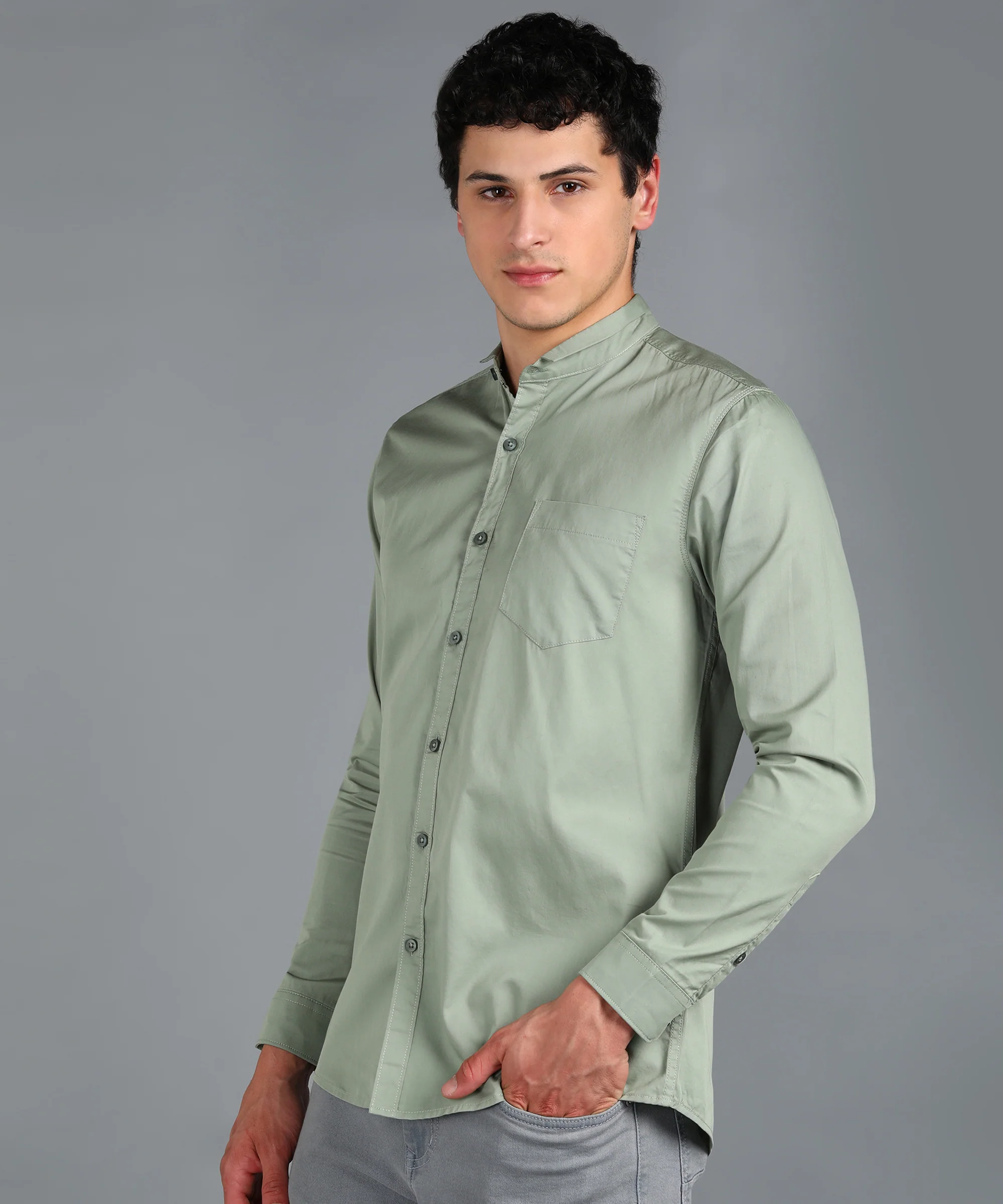 Men's Green Cotton Full Sleeve Slim Fit Solid Shirt with Mandarin Collar - Image 2