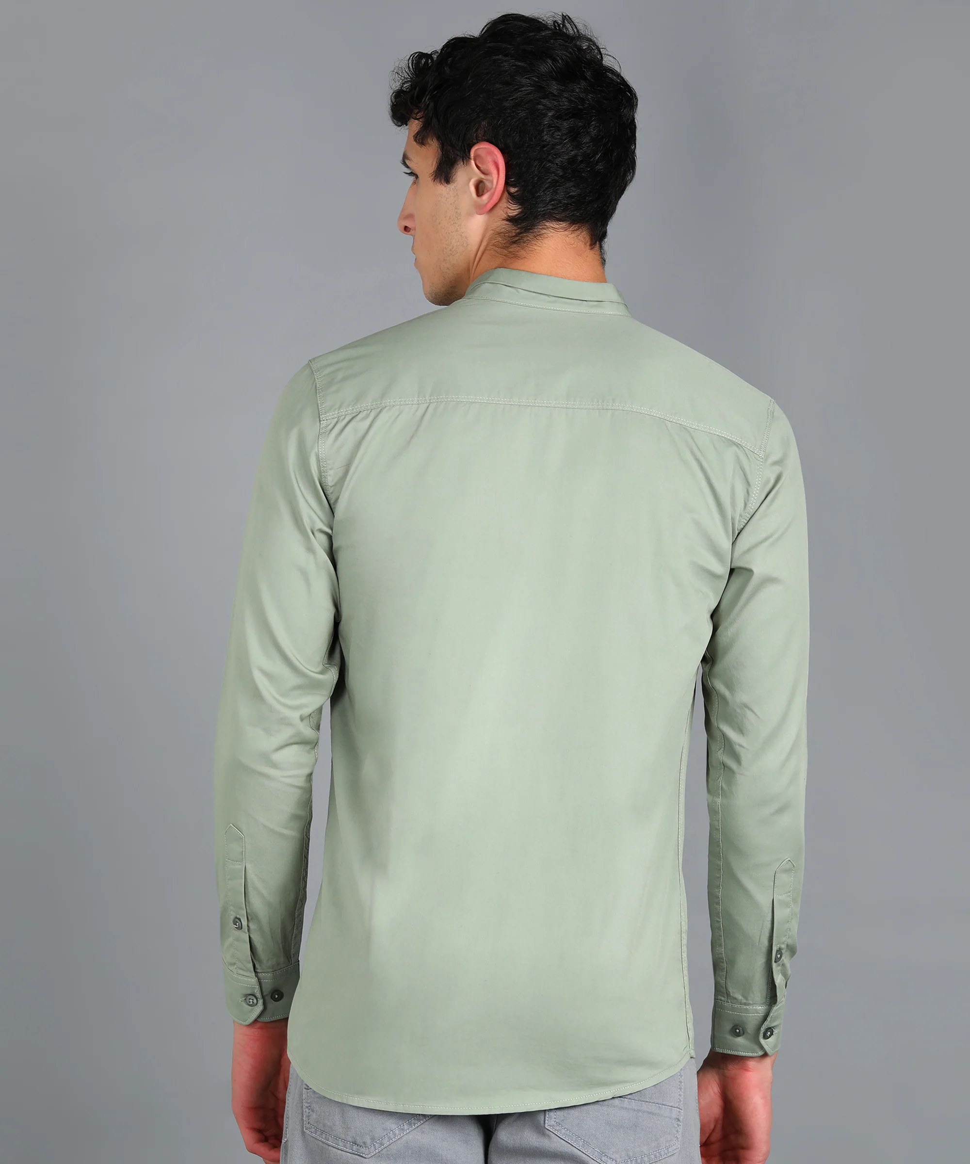 Men's Green Cotton Full Sleeve Slim Fit Solid Shirt with Mandarin Collar - Image 3