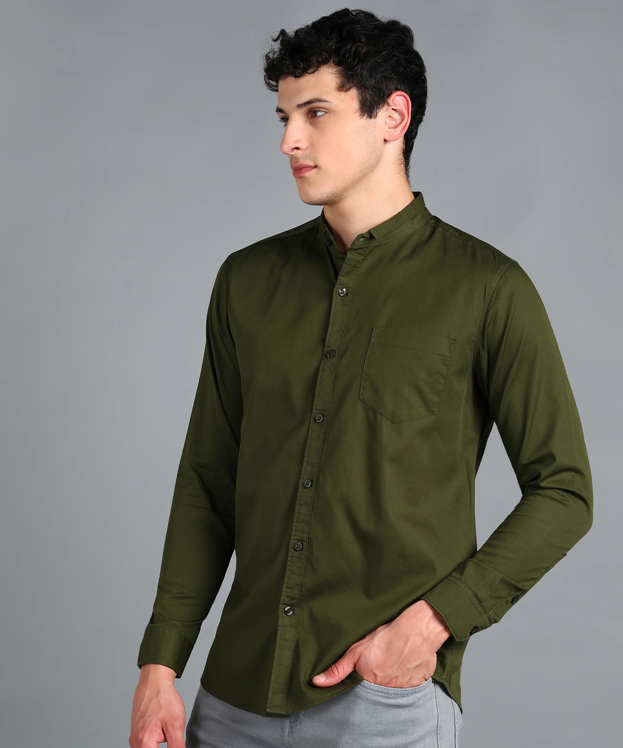 Men's Green Cotton Full Sleeve Slim Fit Solid Shirt with Mandarin Collar - Image 2
