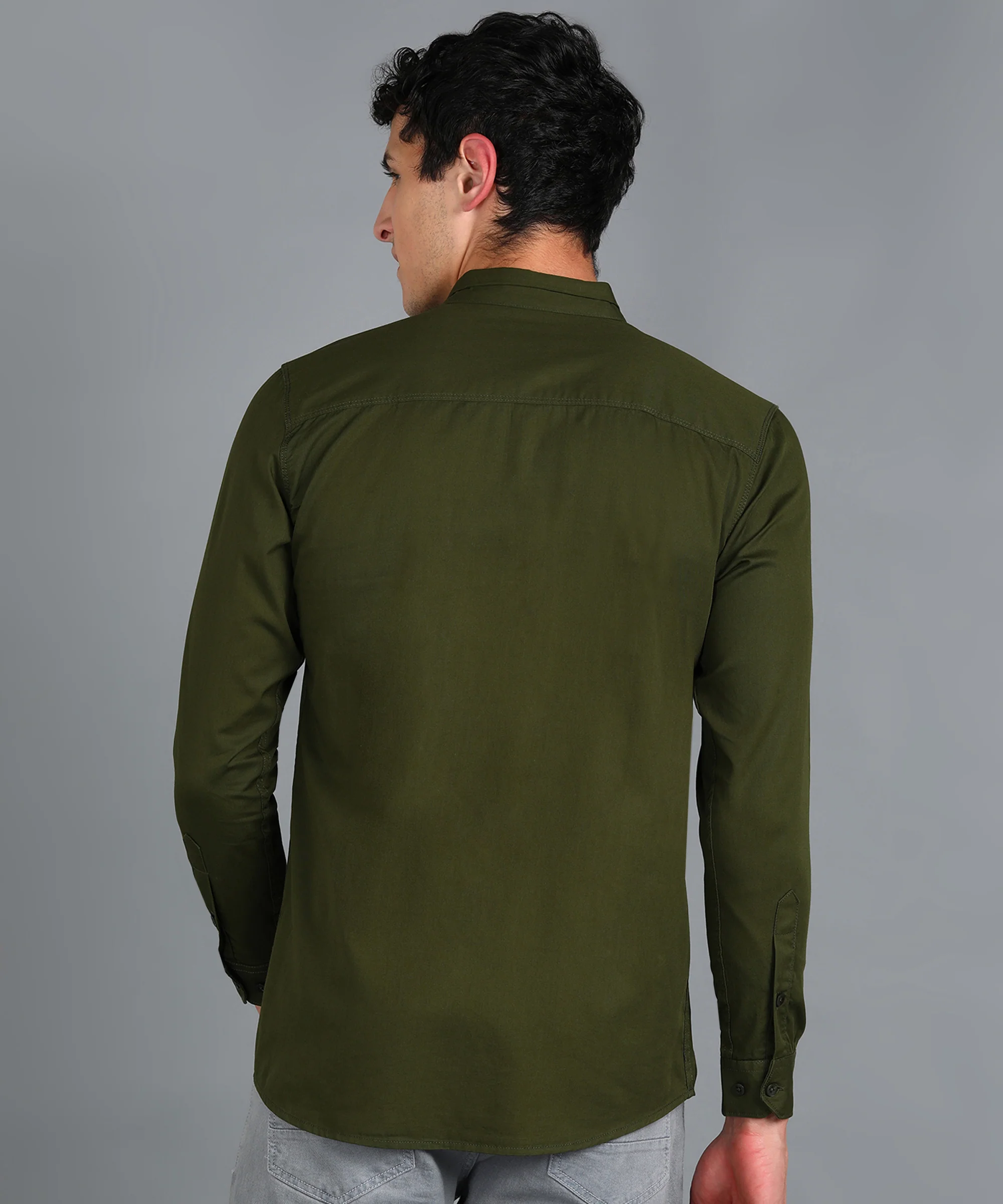 Men's Green Cotton Full Sleeve Slim Fit Solid Shirt with Mandarin Collar - Image 3