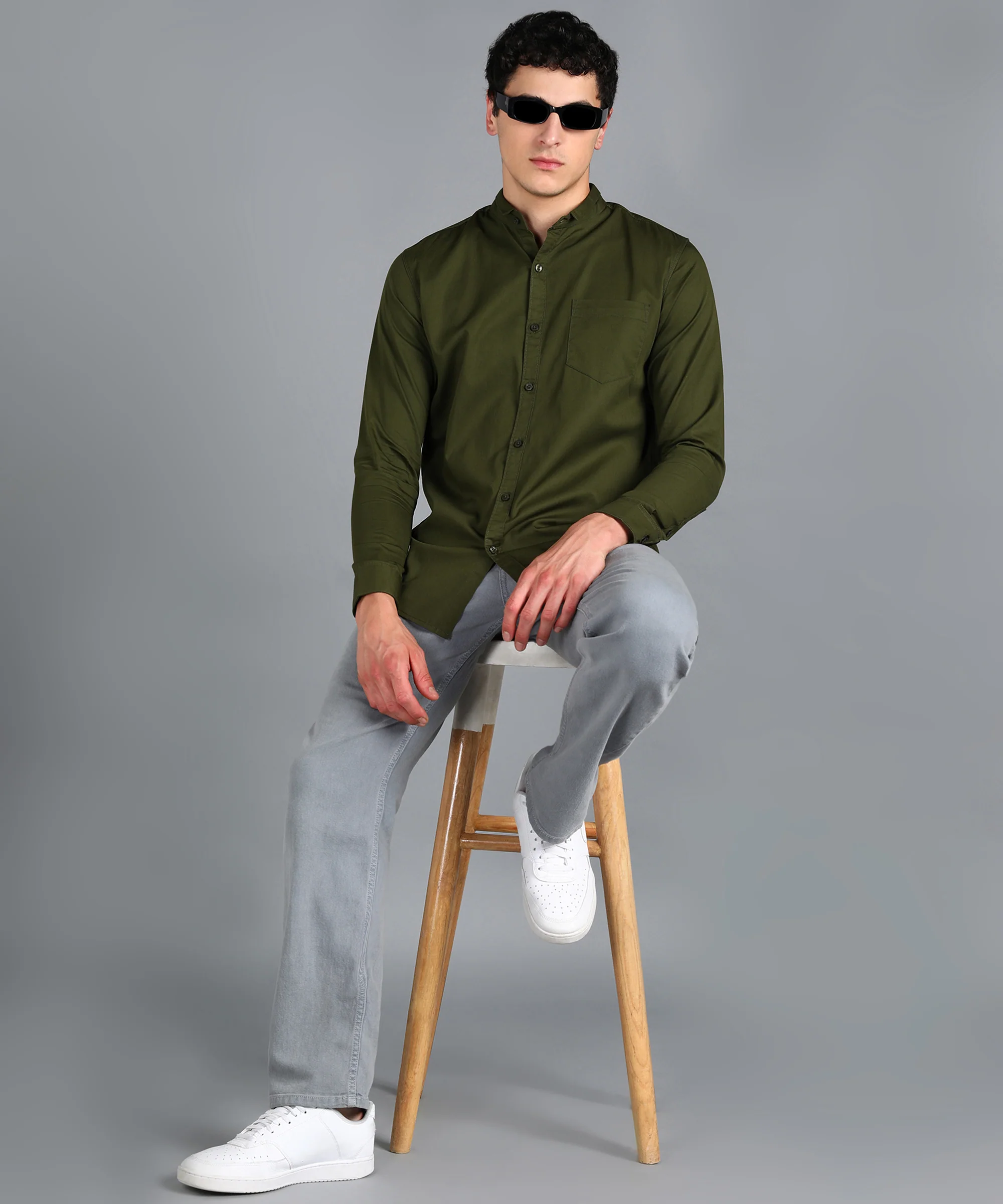 Men's Green Cotton Full Sleeve Slim Fit Solid Shirt with Mandarin Collar - Image 4