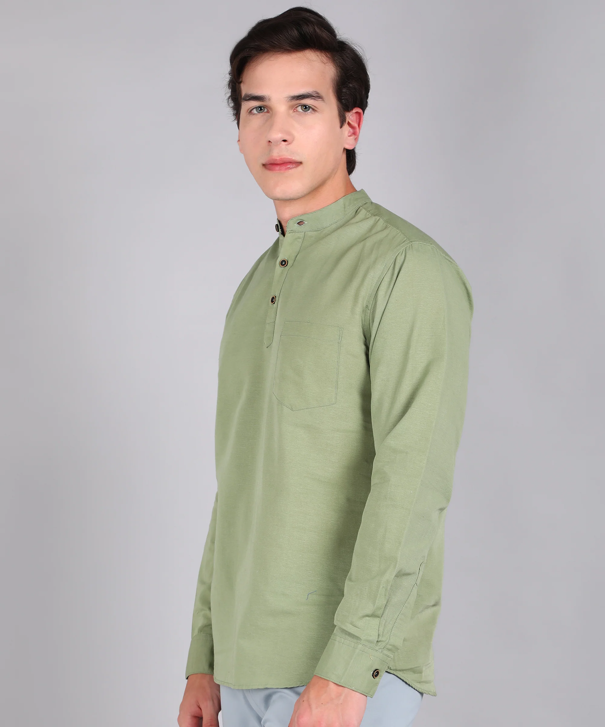 Men's Green Cotton Full Sleeve Slim Fit Solid Shirt with Mandarin Collar - Image 2