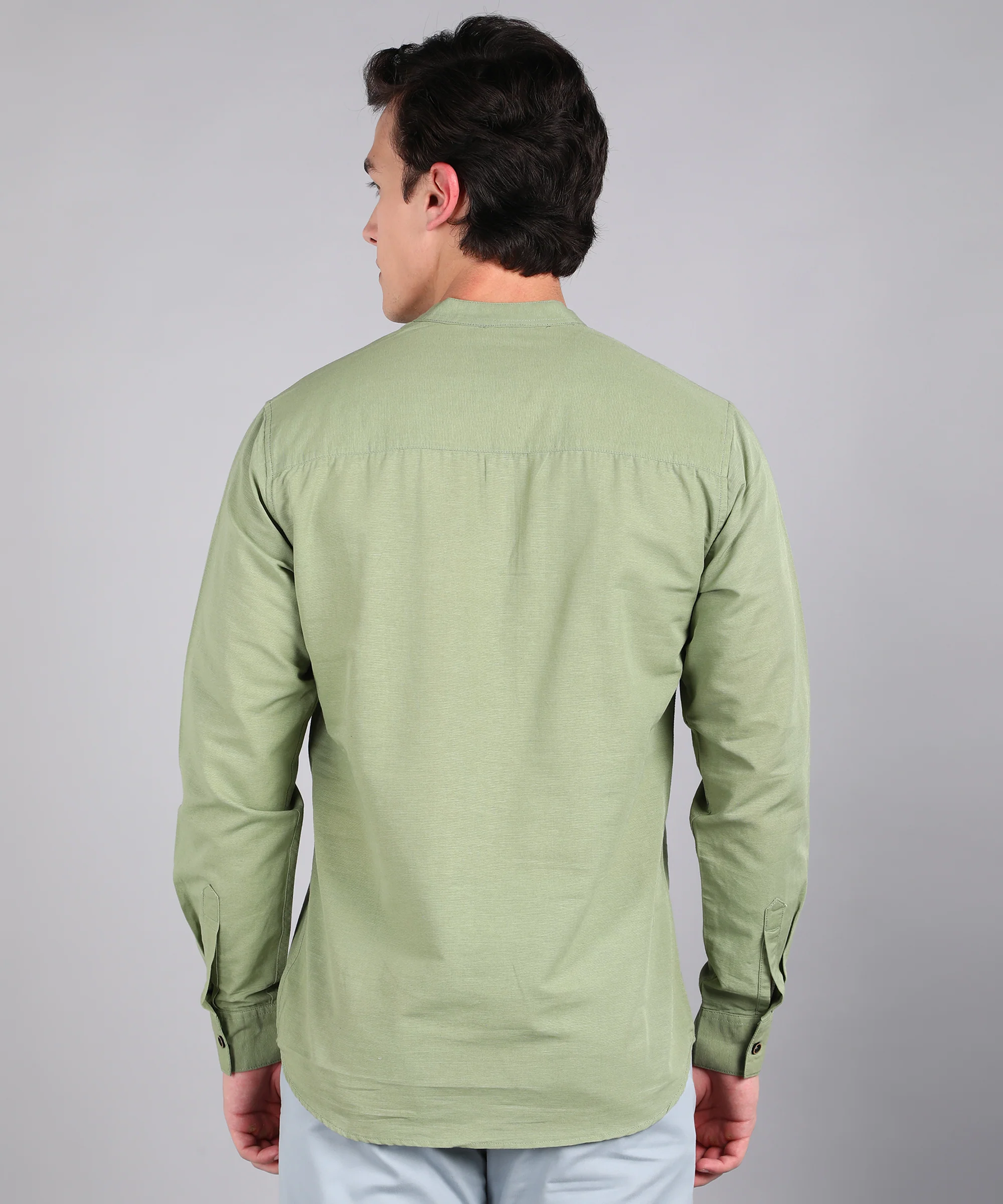 Men's Green Cotton Full Sleeve Slim Fit Solid Shirt with Mandarin Collar - Image 3