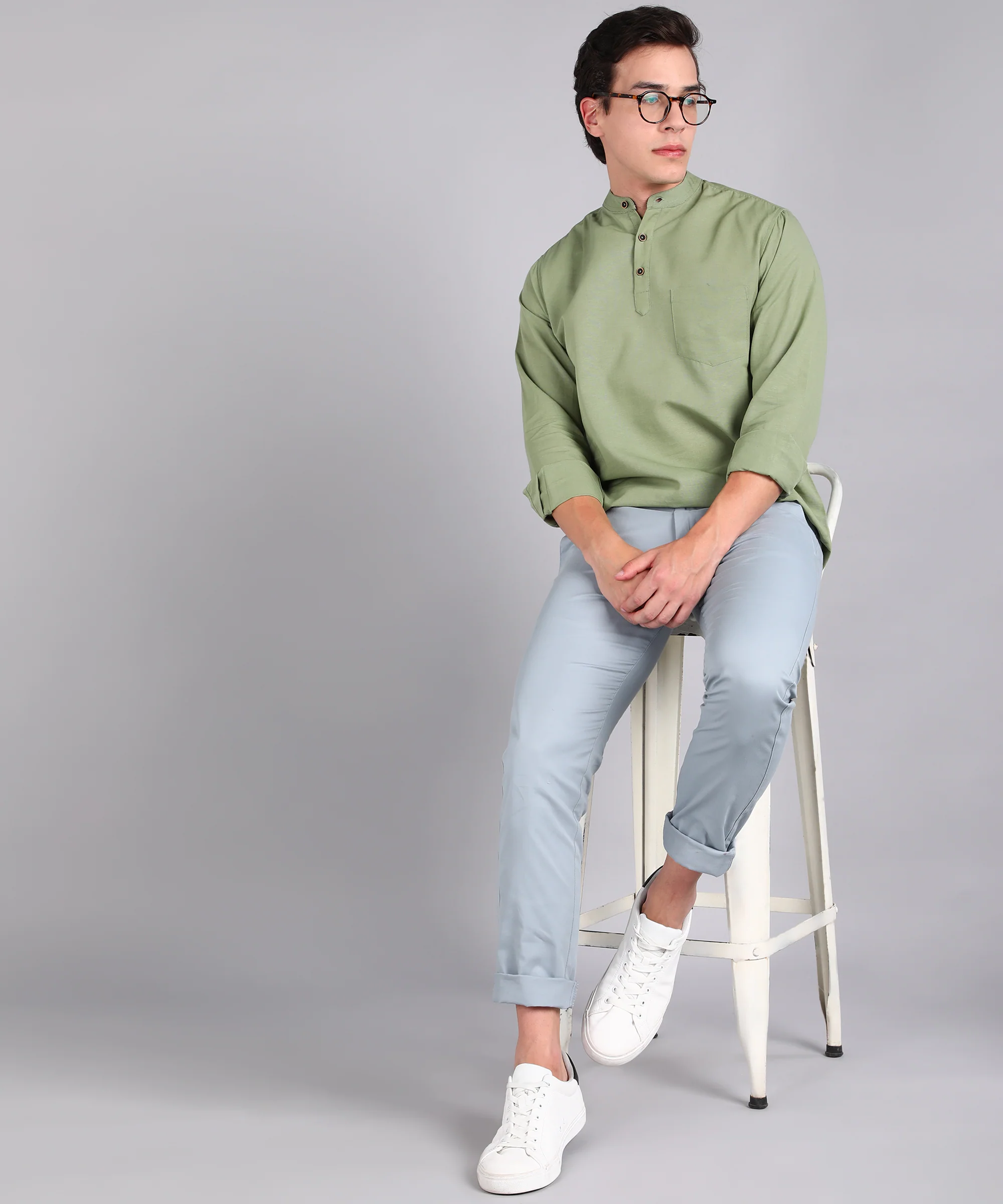 Men's Green Cotton Full Sleeve Slim Fit Solid Shirt with Mandarin Collar - Image 4