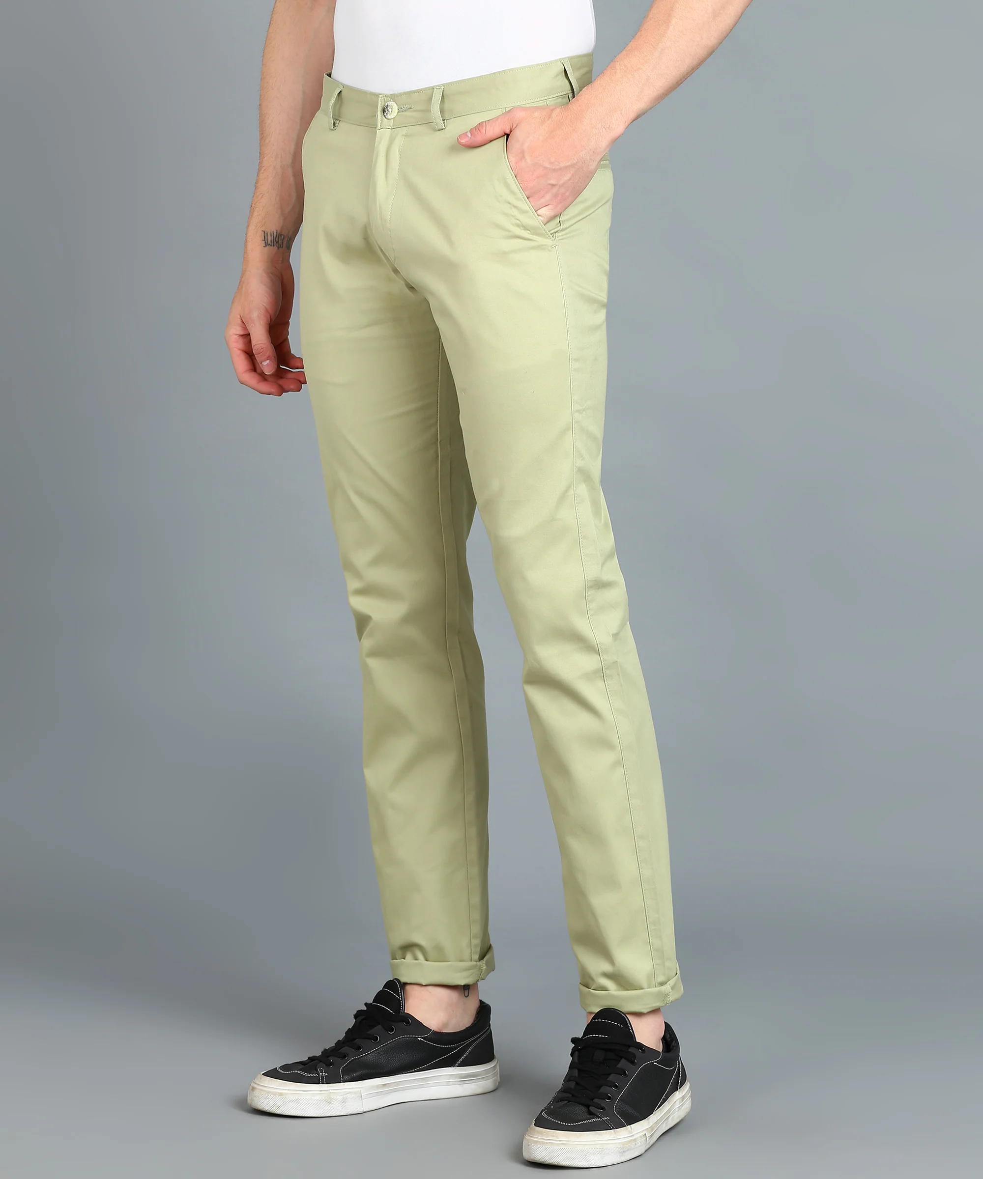 Men's Green Cotton Slim Fit Casual Chinos Trousers - Image 3