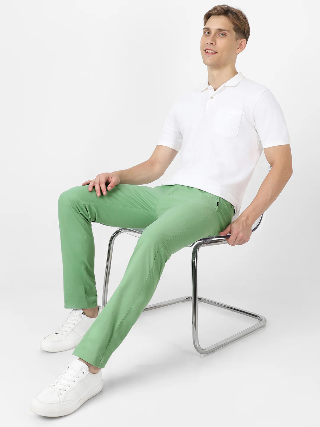 Men's Green Cotton Slim Fit Casual Chinos Trousers - Image 5