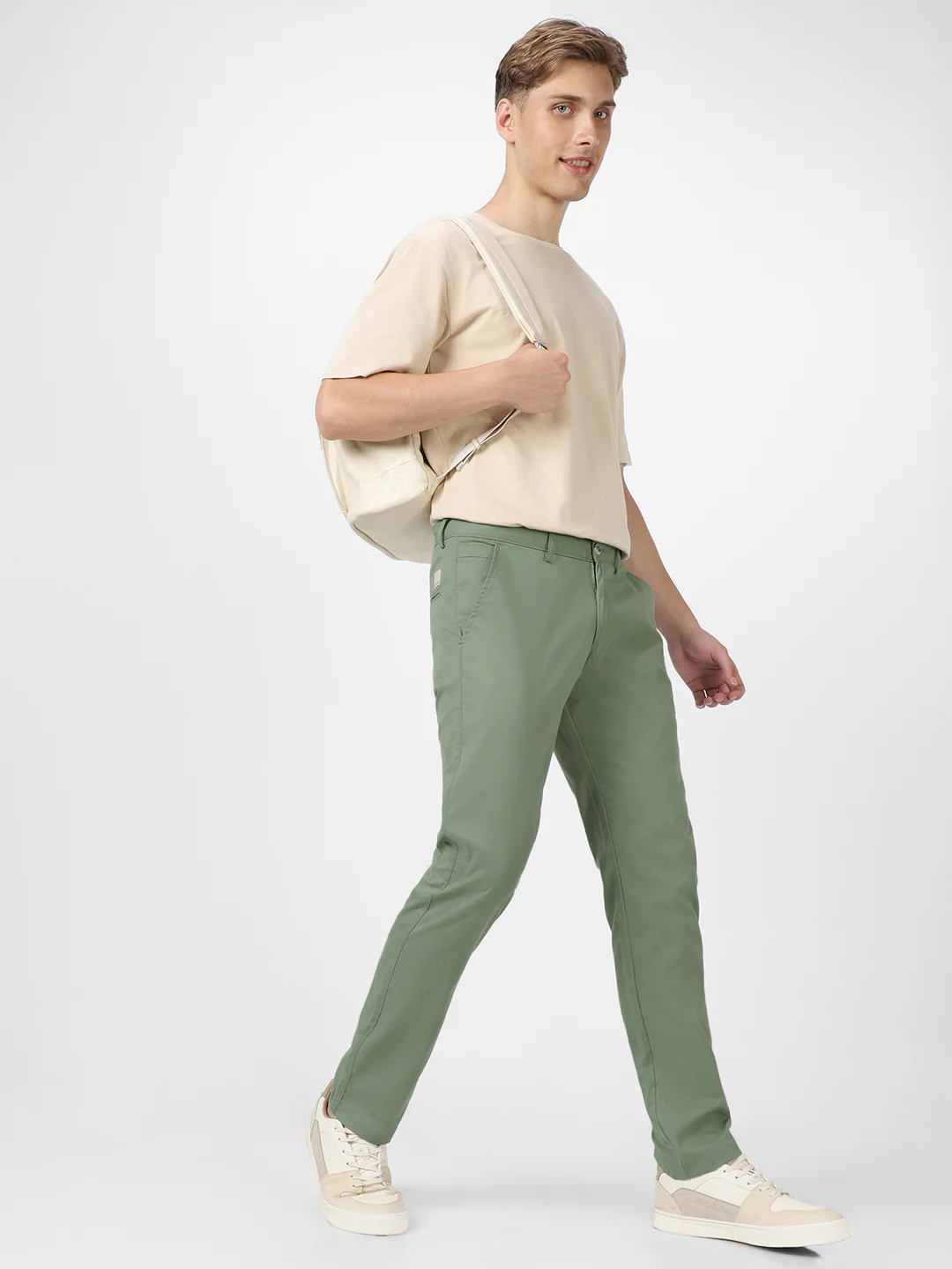 Men's Green Cotton Slim Fit Casual Chinos Trousers - Image 5