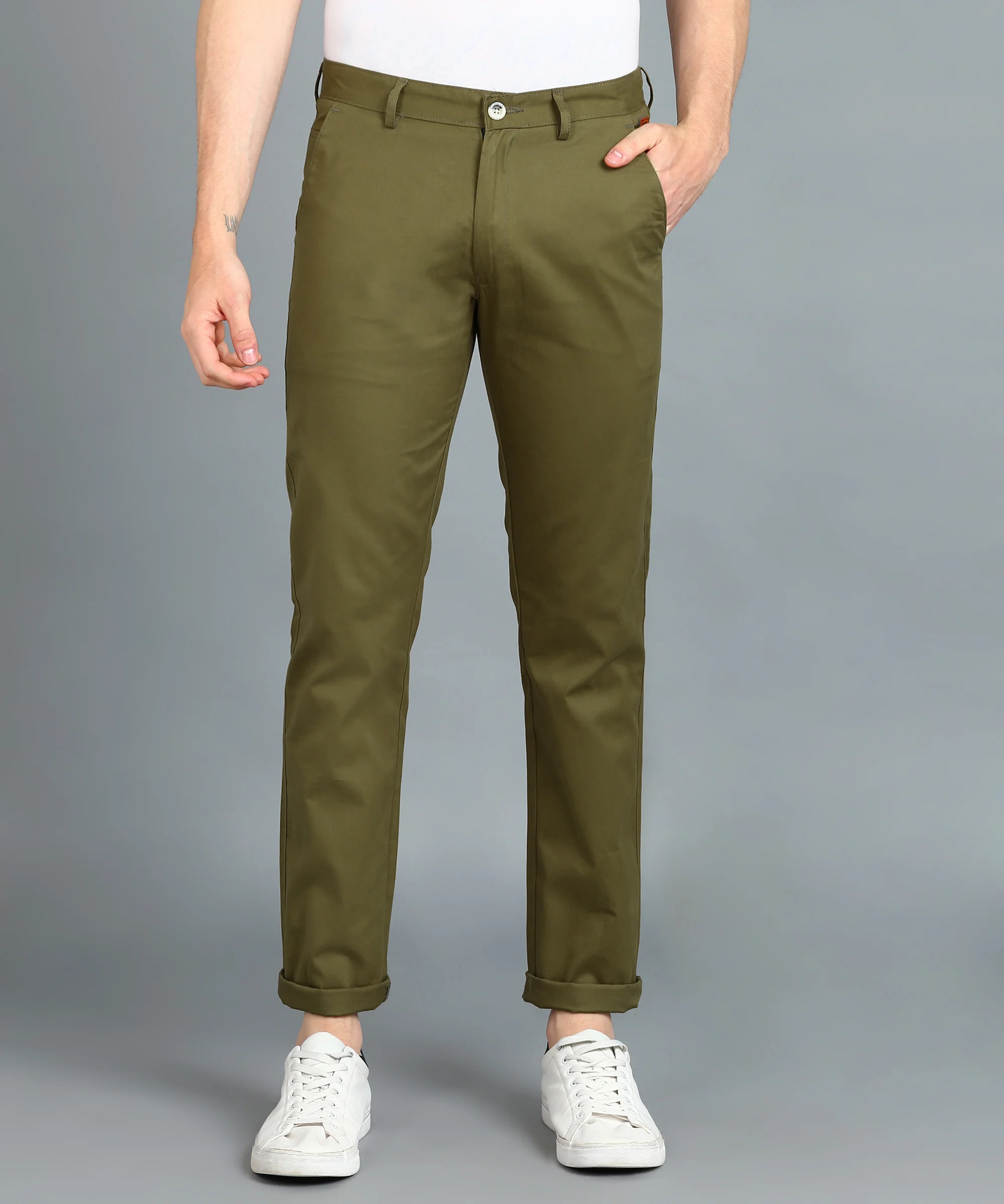 Men's Green Cotton Slim Fit Casual Chinos Trousers - Image 2