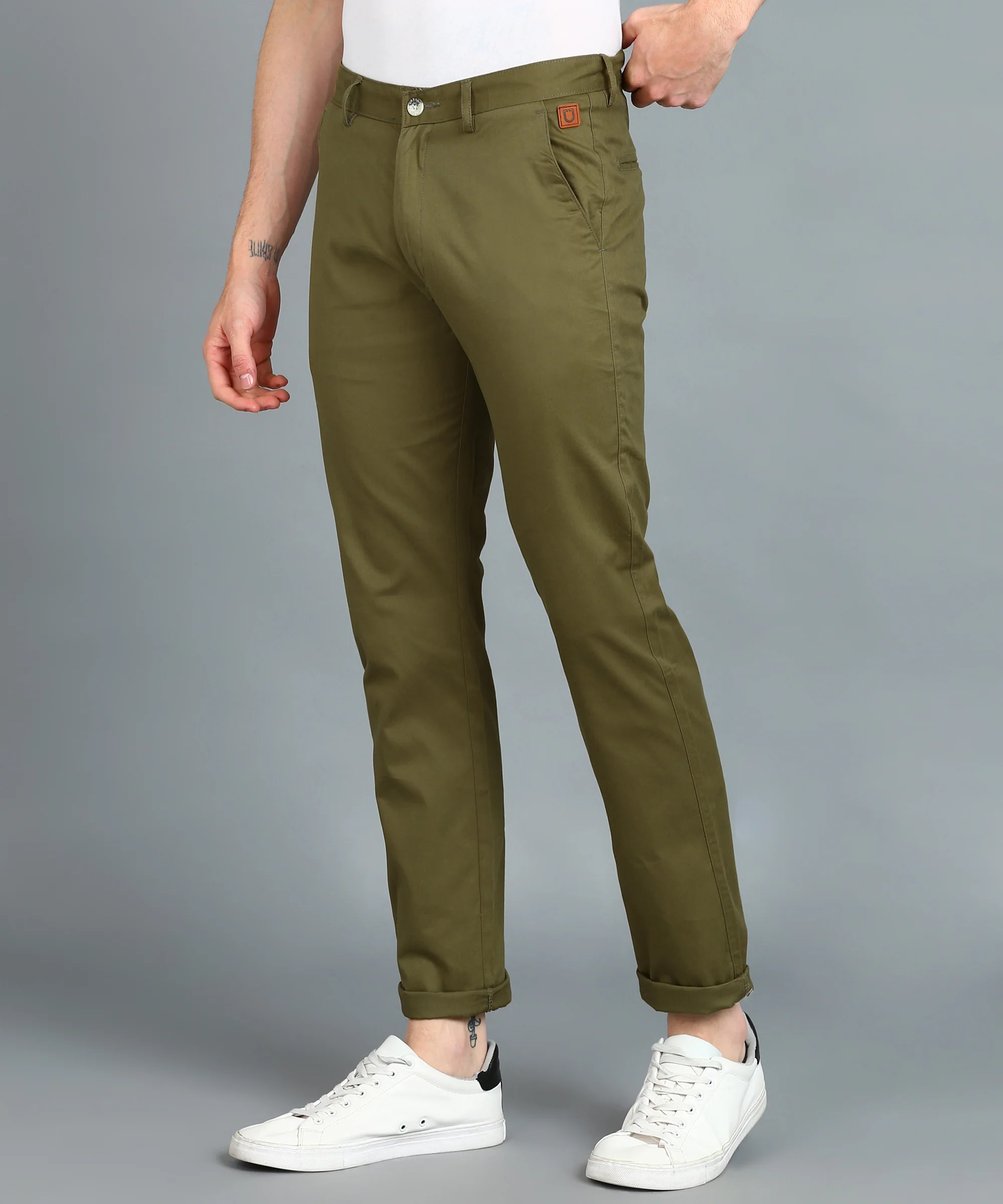 Men's Green Cotton Slim Fit Casual Chinos Trousers - Image 3