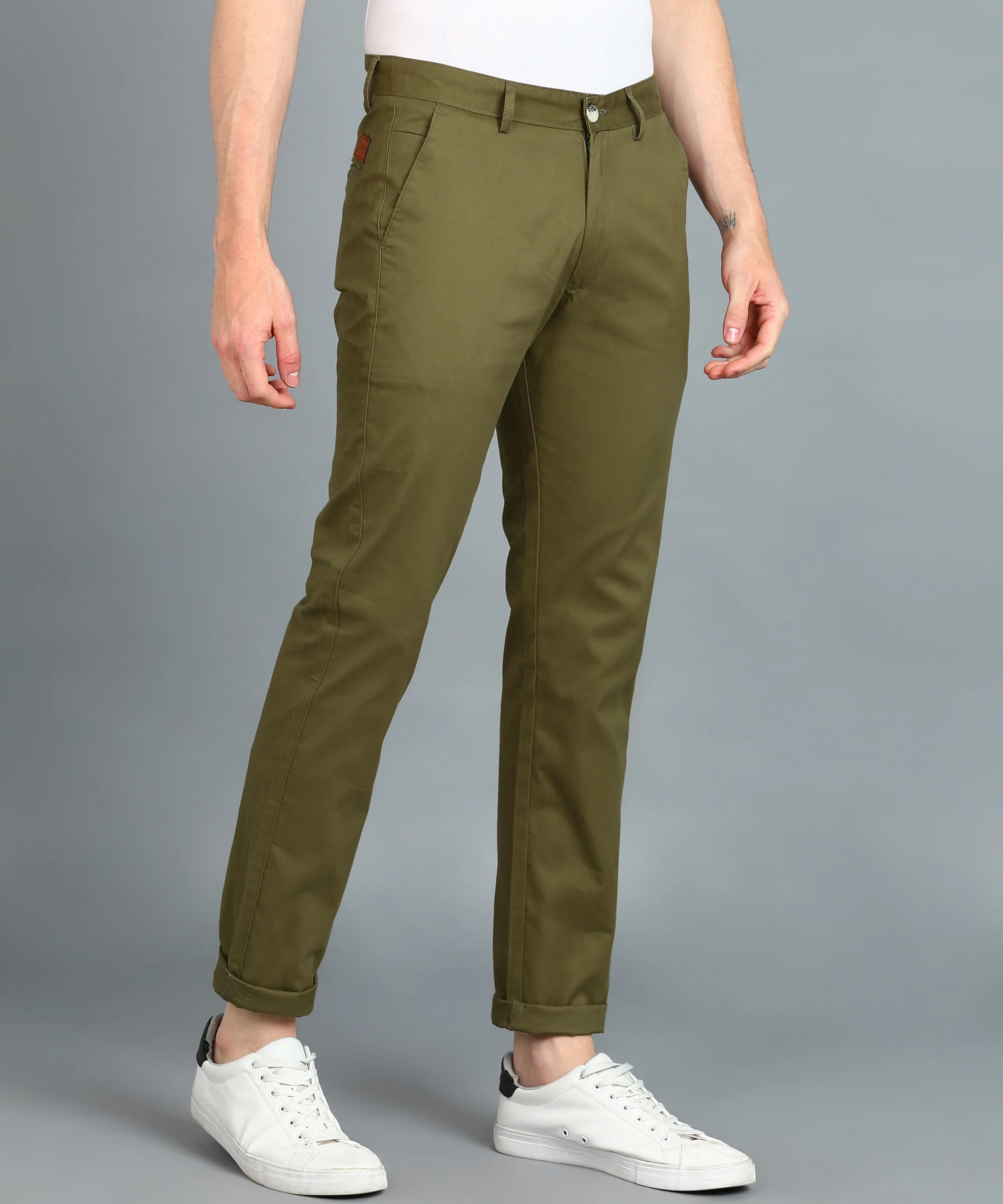 Men's Green Cotton Slim Fit Casual Chinos Trousers - Image 4