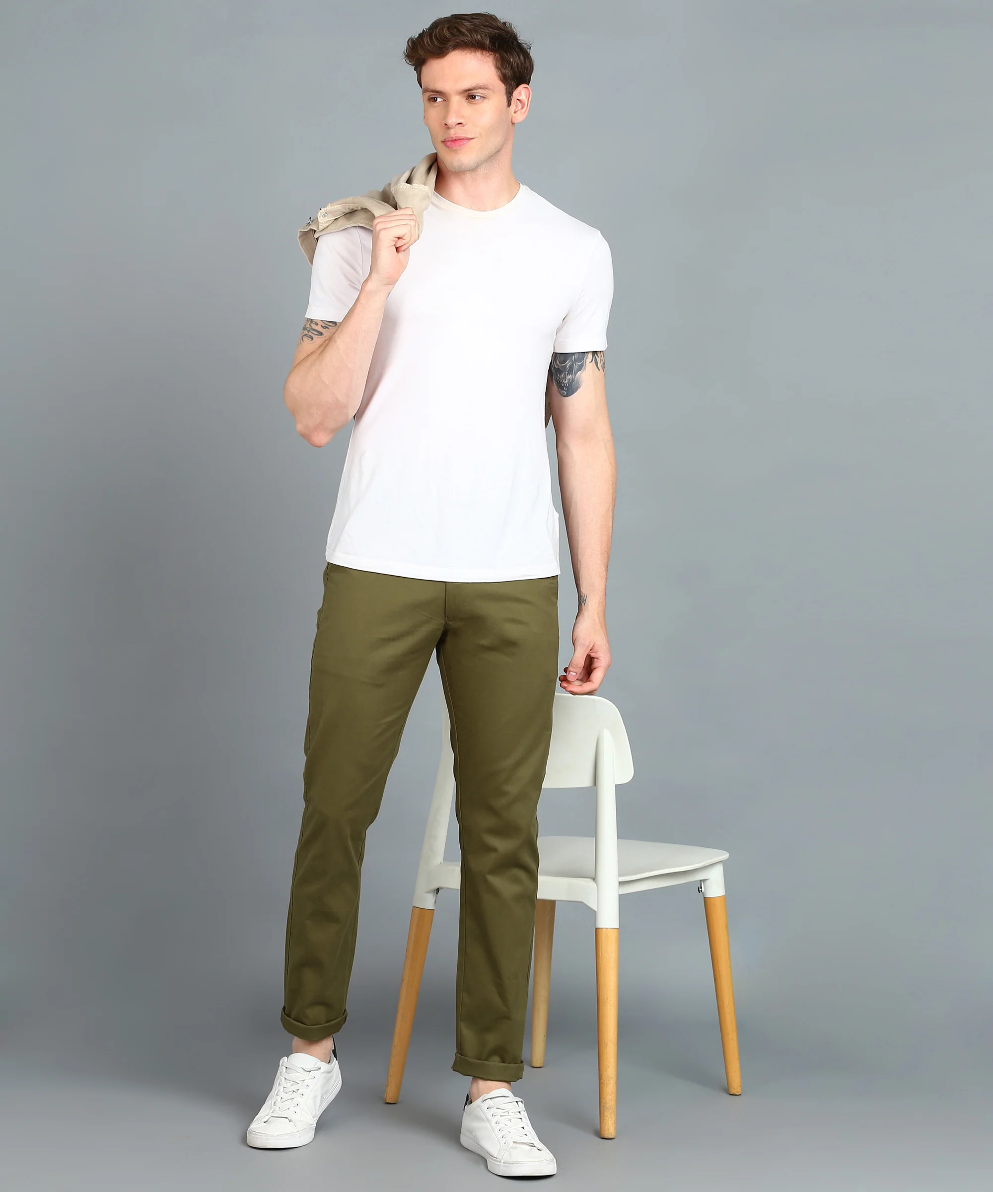 Men's Green Cotton Slim Fit Casual Chinos Trousers - Image 6