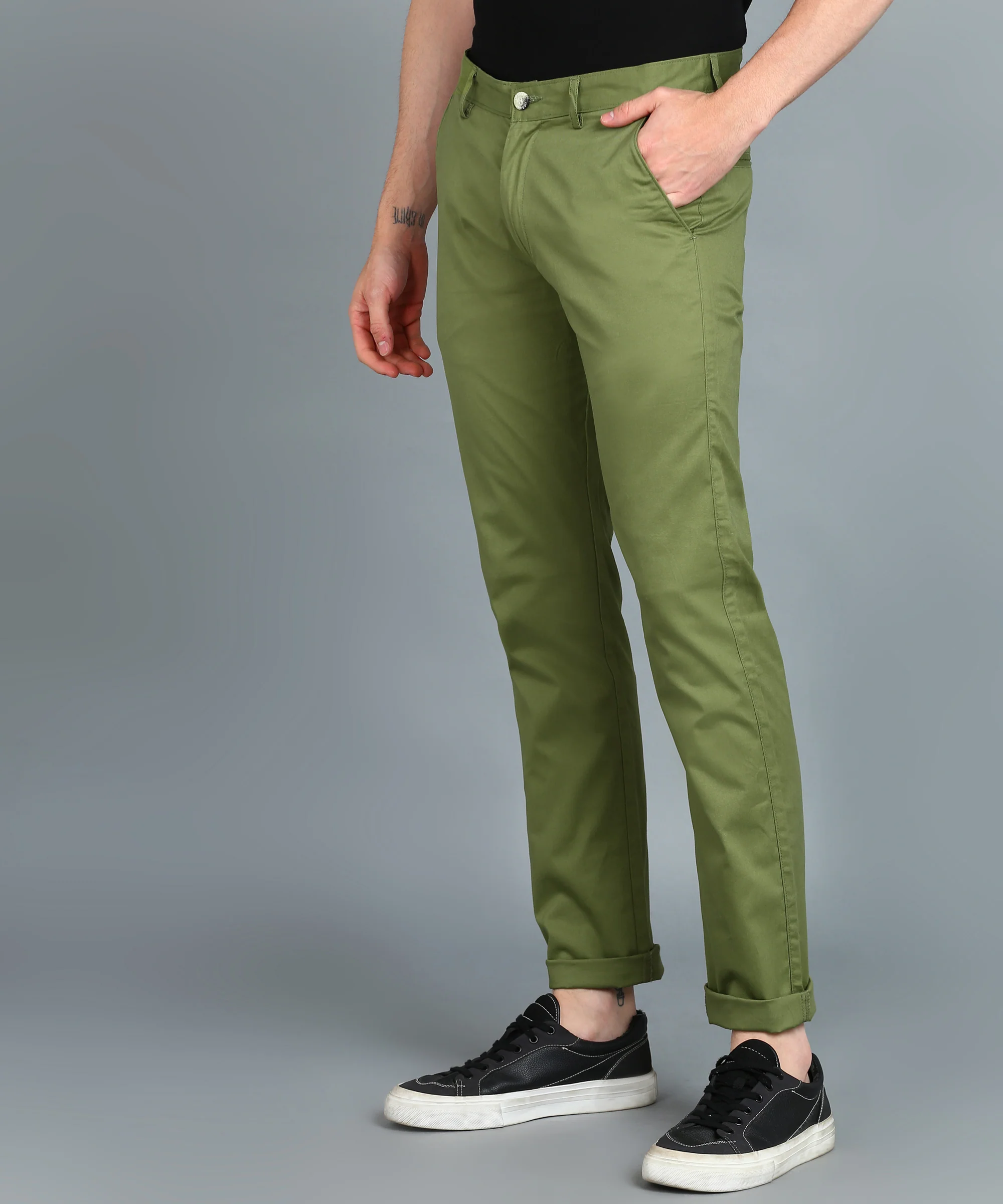 Men's Green Cotton Slim Fit Casual Chinos Trousers - Image 3