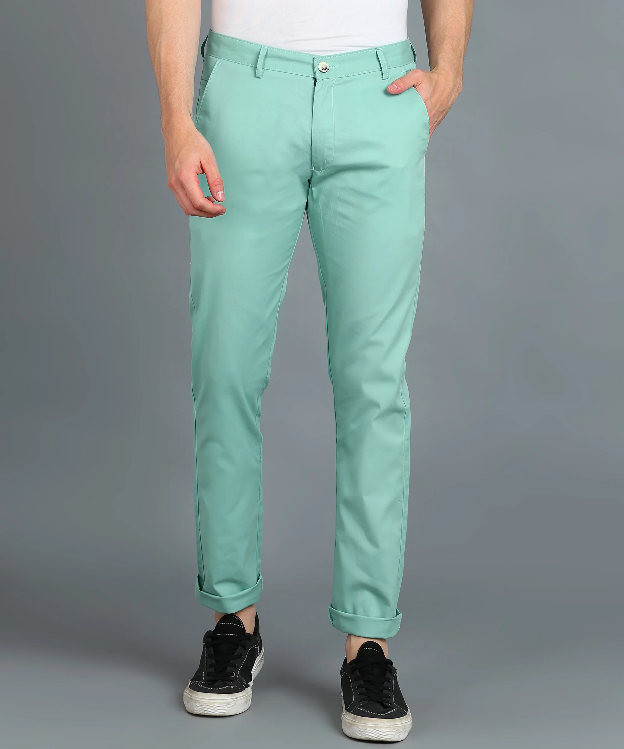 Men's Green Cotton Slim Fit Casual Chinos Trousers - Image 2