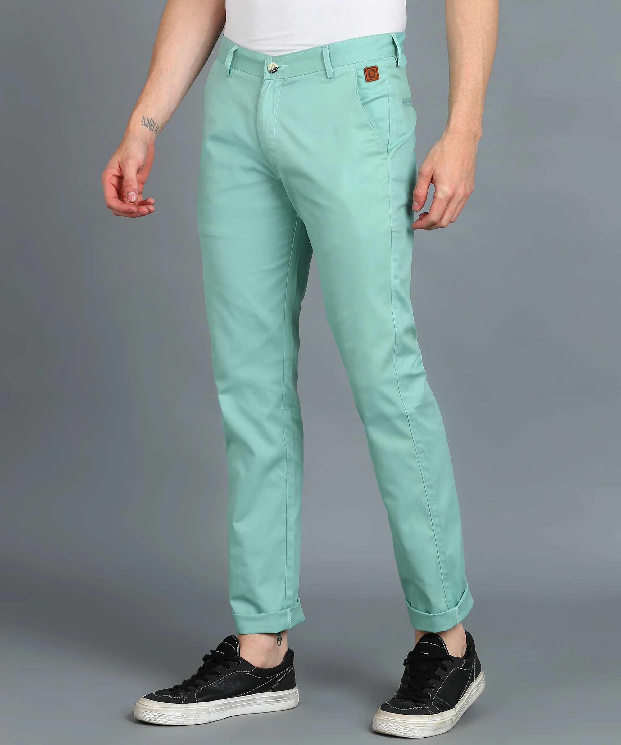 Men's Green Cotton Slim Fit Casual Chinos Trousers - Image 3