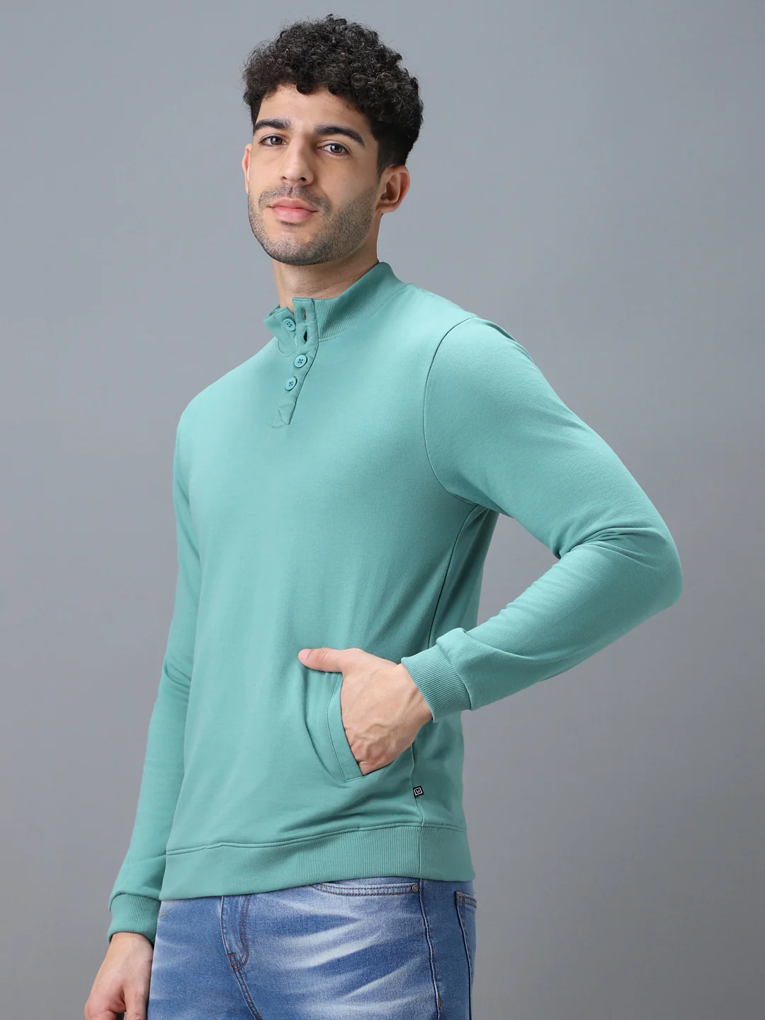 Men's Green Cotton Solid Button High Neck Sweatshirt - Image 2