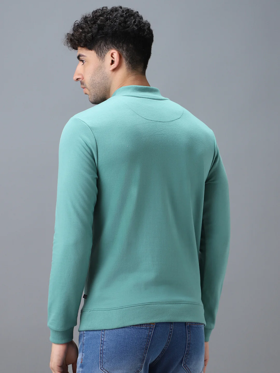 Men's Green Cotton Solid Button High Neck Sweatshirt - Image 3