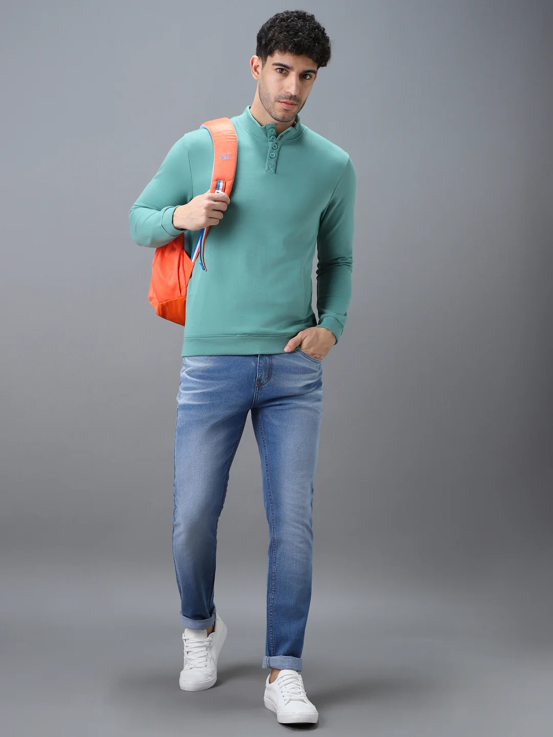 Men's Green Cotton Solid Button High Neck Sweatshirt - Image 4