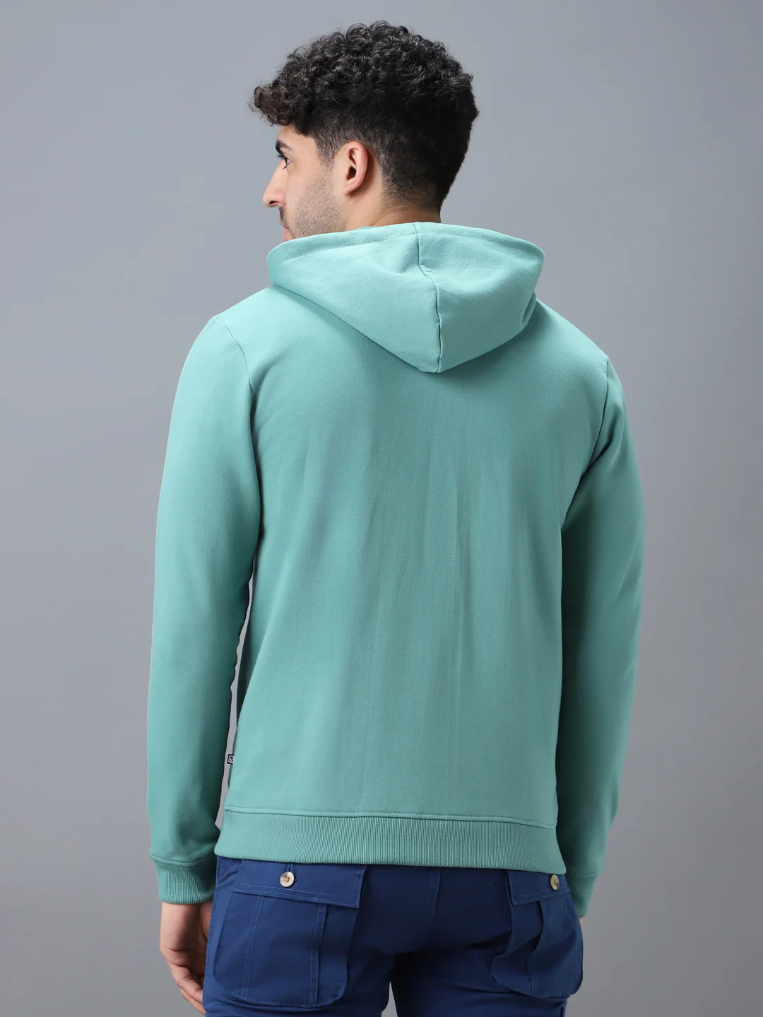 Men's Green Cotton Solid Zippered Hooded Neck Sweatshirt - Image 3
